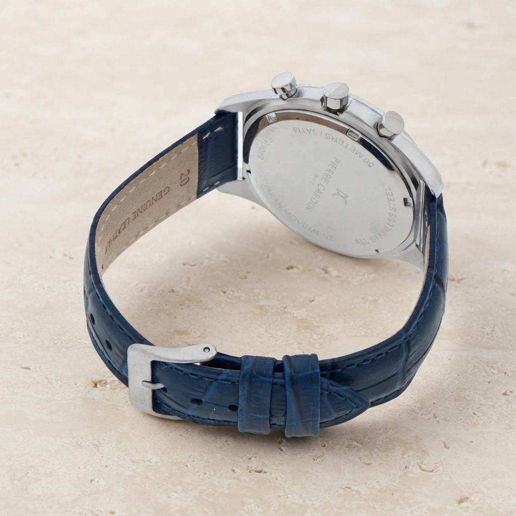Pierre Cardin Blue Chronograph Watch, Mens Leather Watch, Gift for Him