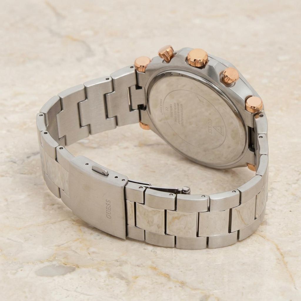 Guess Silver Rose Gold Chronograph Watch, Mens Stainless Steel Gift, Big Dial