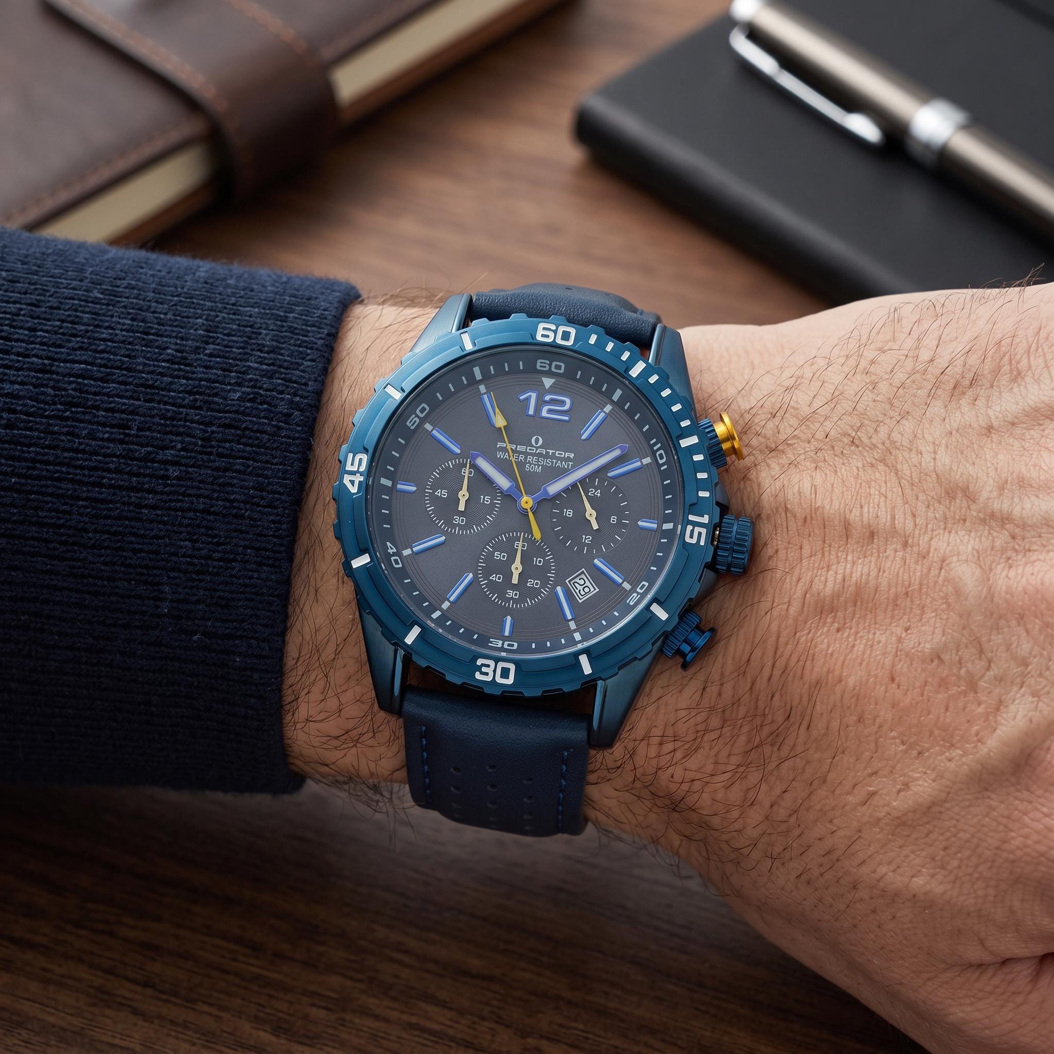 Predator Navy Blue Chronograph Watch, Men's Sports Gift, Perforated Strap