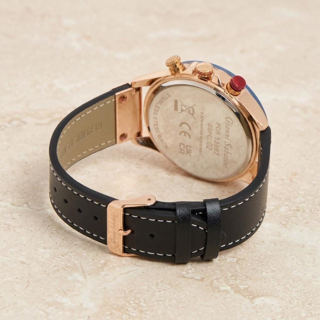 Gianni Sabatini Chronograph Watch, Rose Gold Blue Skeleton Dial Leather Mens Gift
