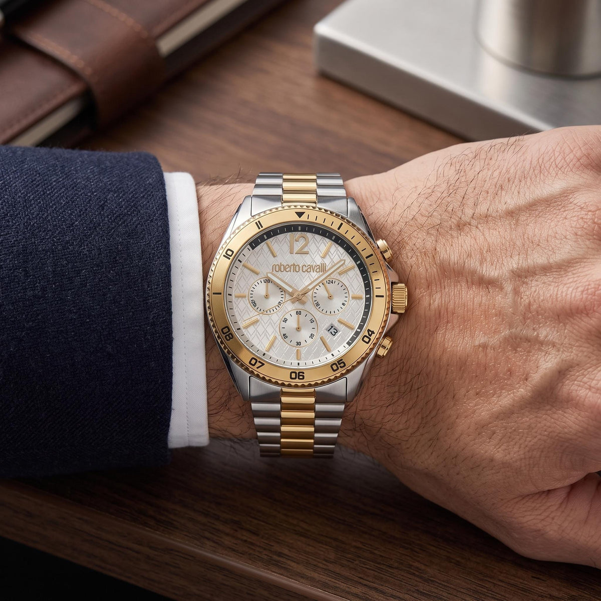Roberto Cavalli Chronograph Watch, Two Tone Gold Silver Mens Gift