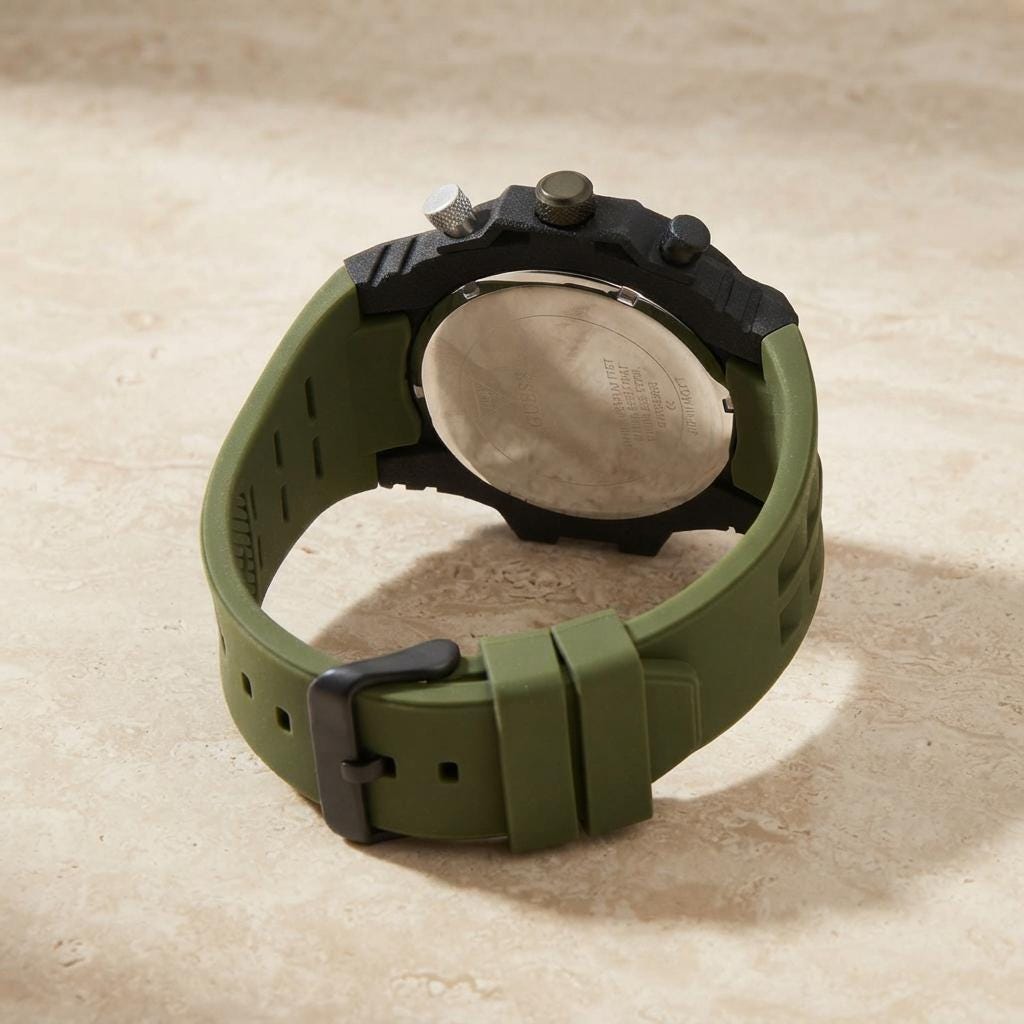 Guess Chronograph Watch, Black Olive Silicone, Mens Gift, Skeleton Dial