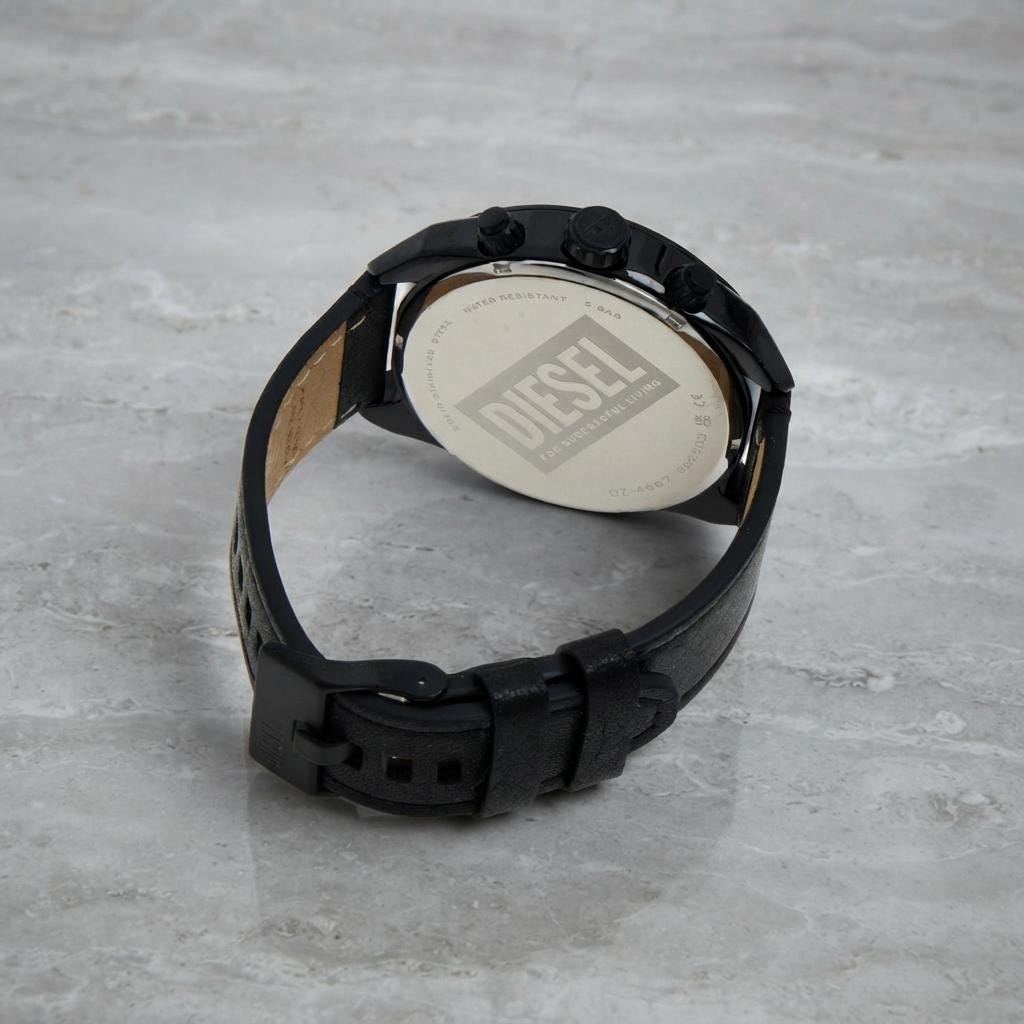 Diesel Black Leather Chronograph Watch, Bold Mens Gift, Black And Red Dial