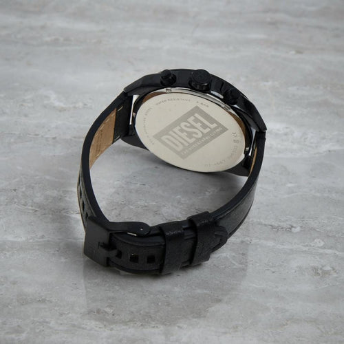 Diesel Black Leather Chronograph Watch, Bold Mens Gift, Black And Red Dial