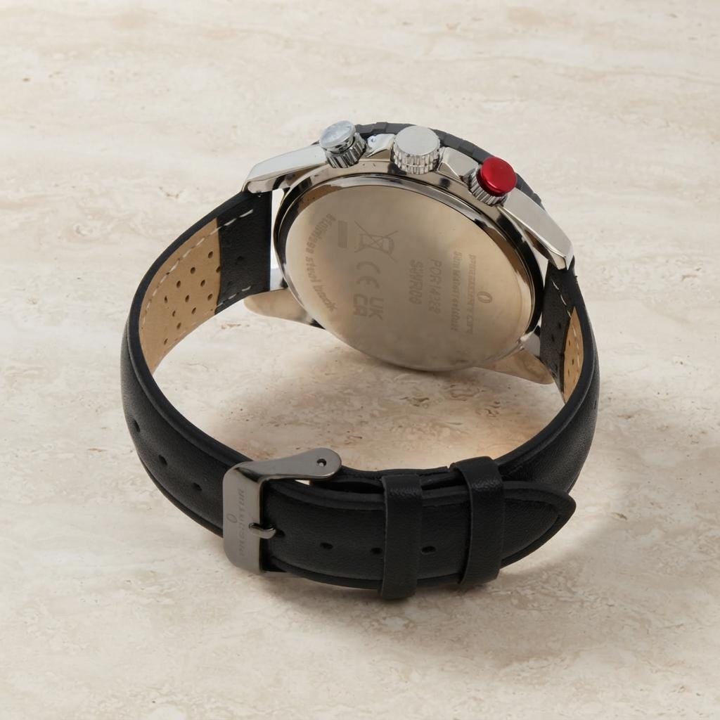Predator Sports Chronograph Watch, Black Silver Mens Gift, Leather Strap