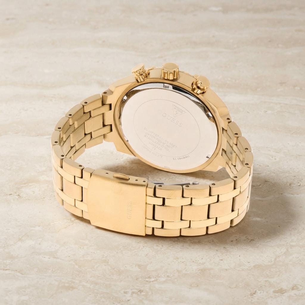 Guess Gold Chronograph Watch, Mens Statement Gift, Stainless Steel Link Bracelet