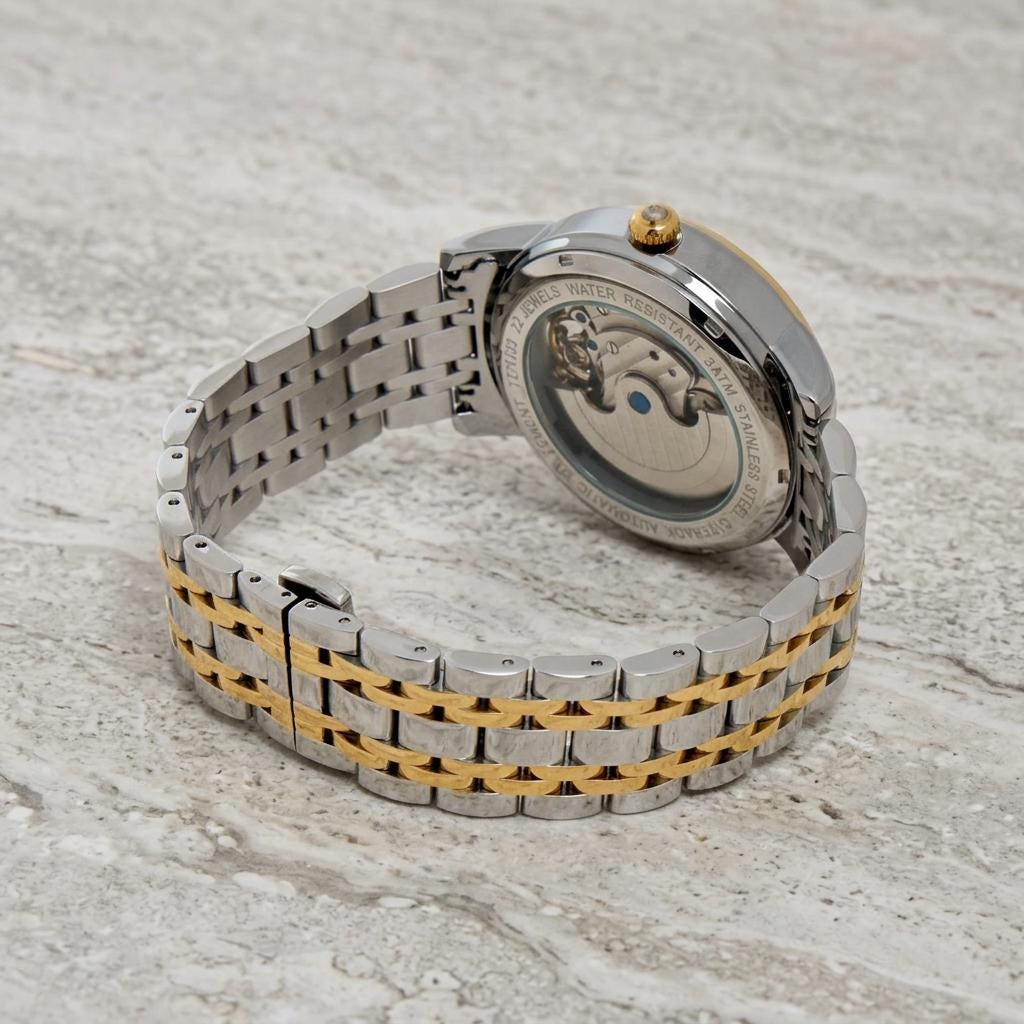 Thomas Tompion Two Tone Automatic Watch, Mens Gold Silver Skeleton Gift