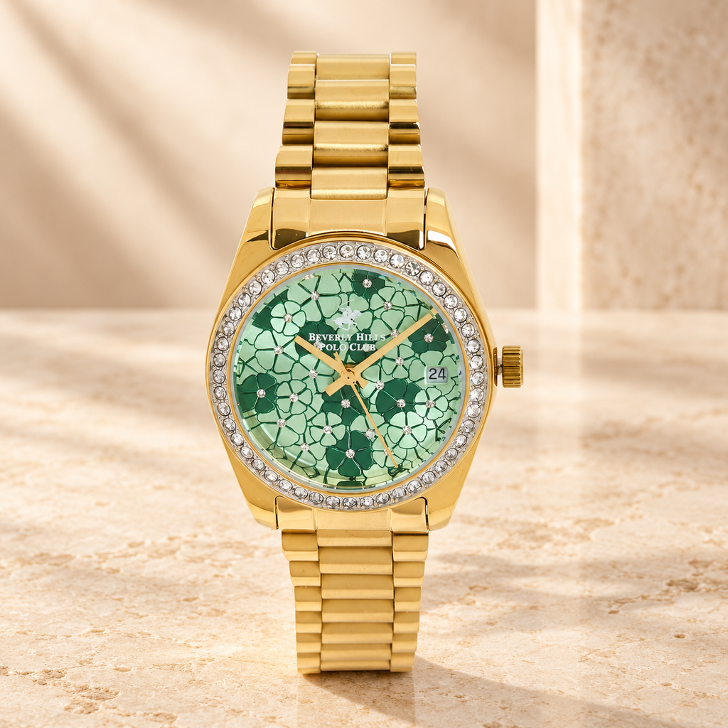 Beverly Hills Polo Club Gold Tone Watch, Green Floral Dial, Womens Gift