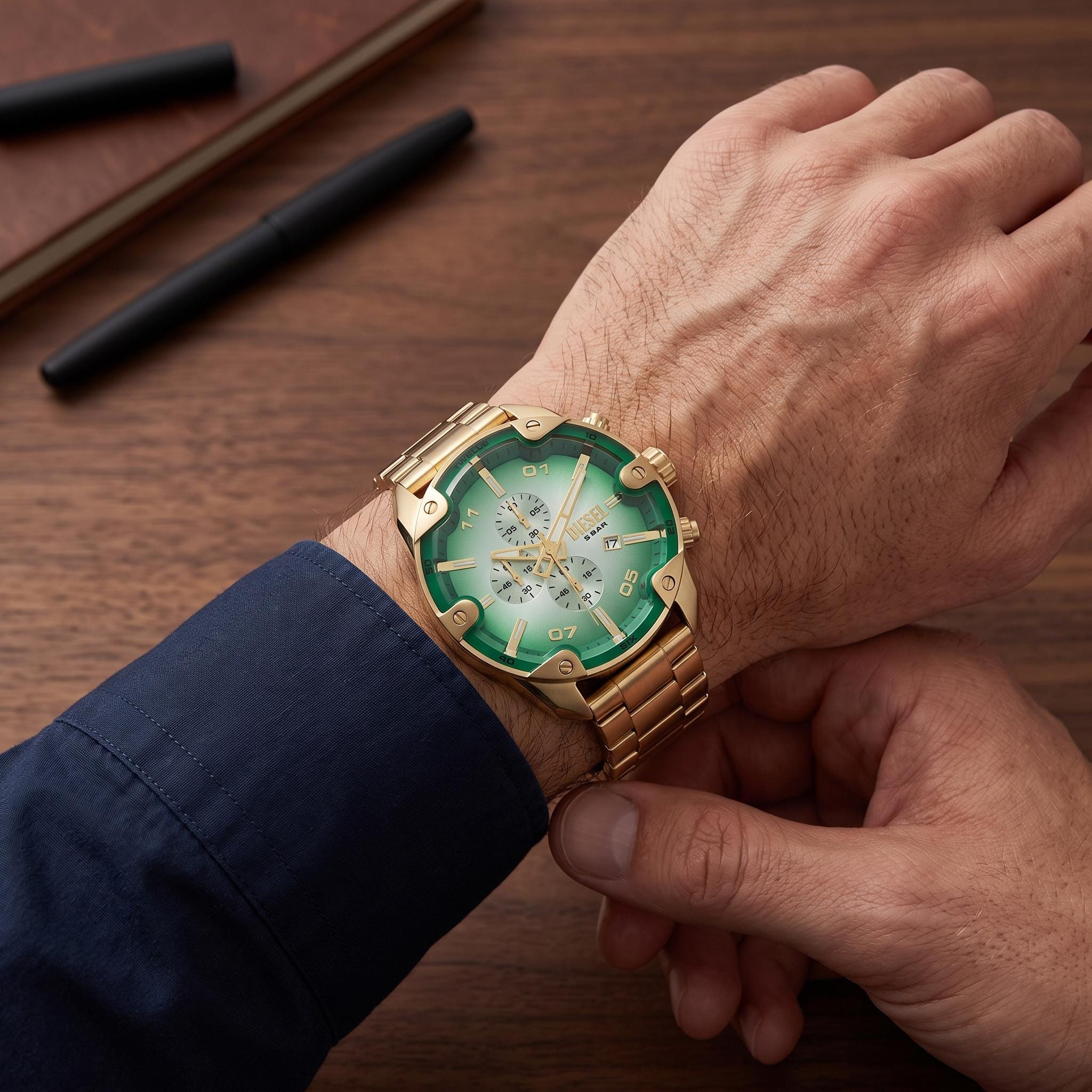 Diesel Green & Gold Chronograph Watch, Mens Stainless Steel Gift, Bold Bold