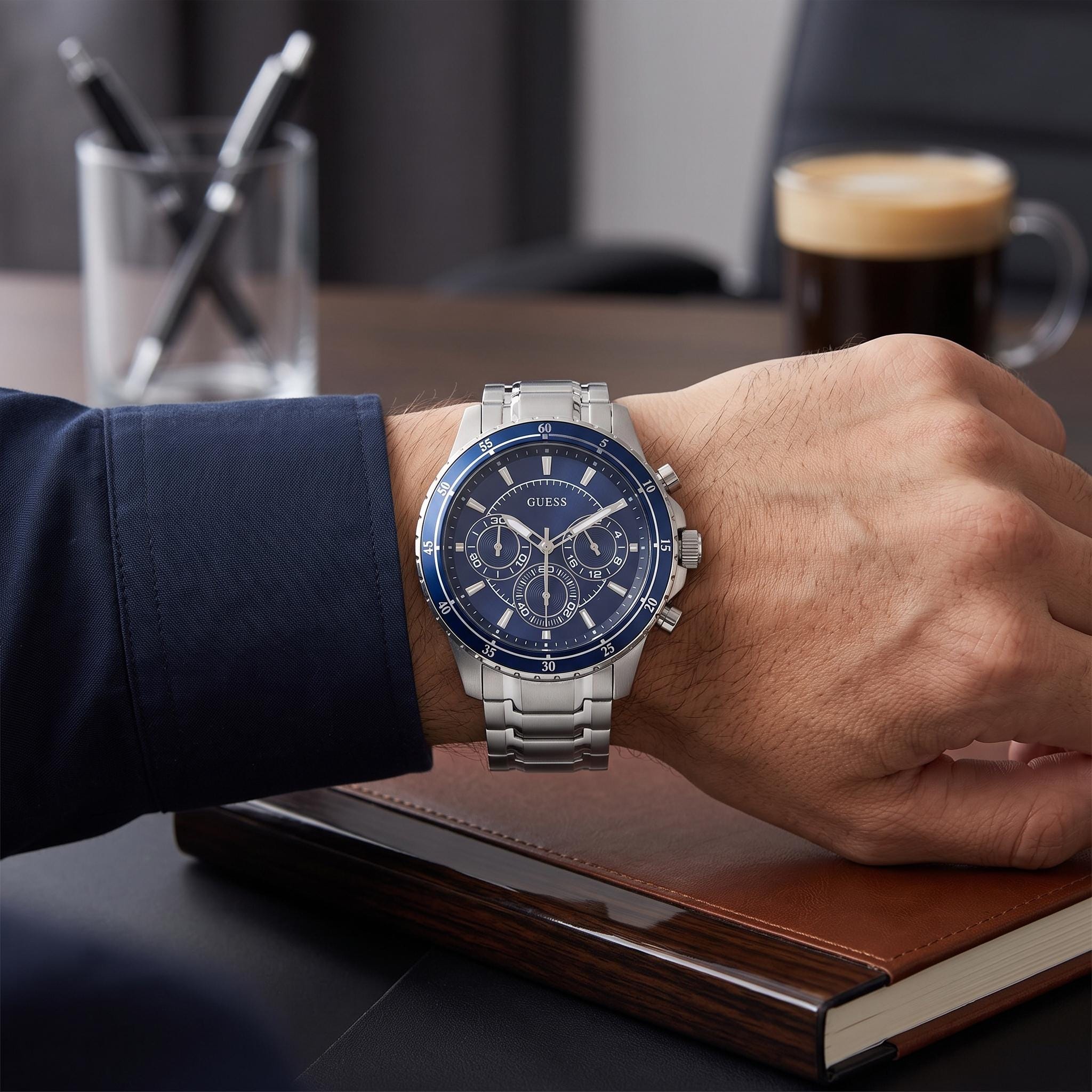 Guess Blue & Silver Stainless Steel Watch, Mens Gift, Chronograph Link Bracelet