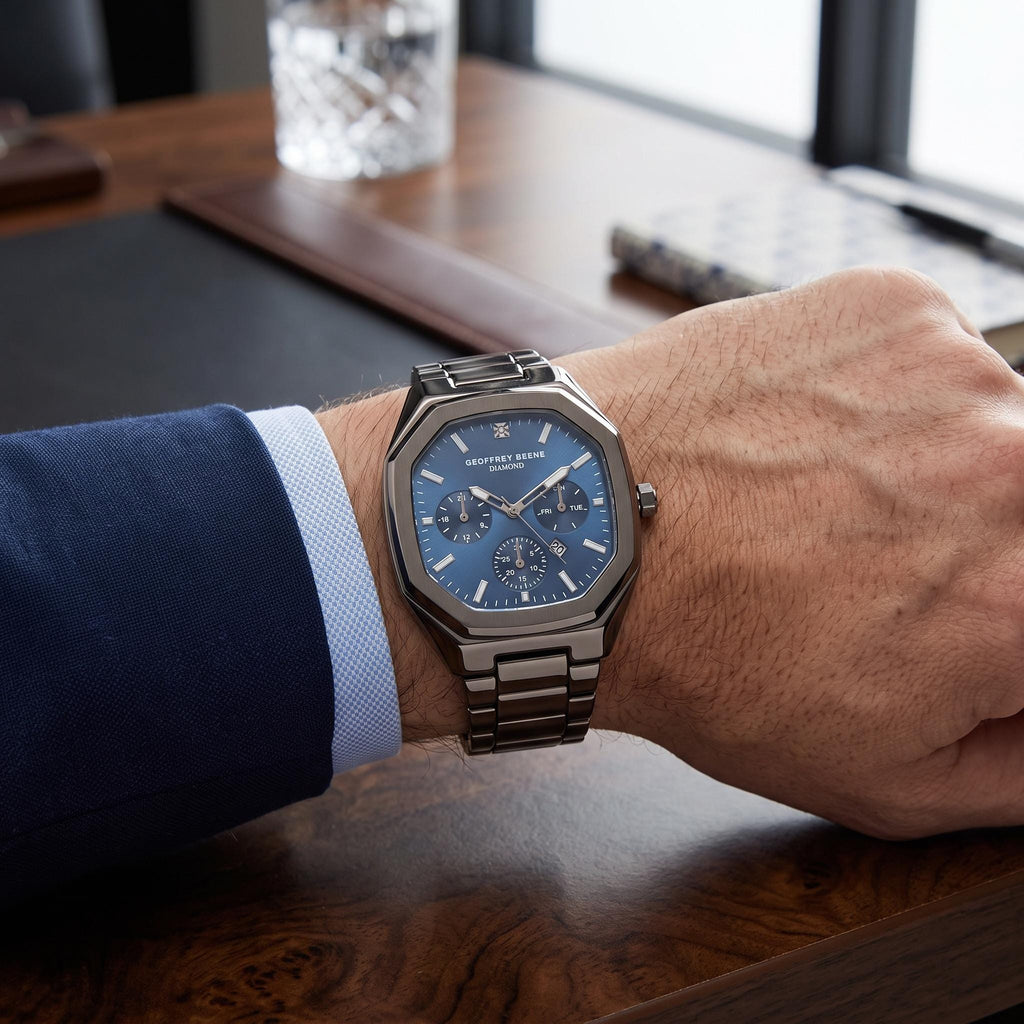 Geoffrey Beene Gunmetal Chronograph Watch, Hexagonal Bezel, Mens Gift
