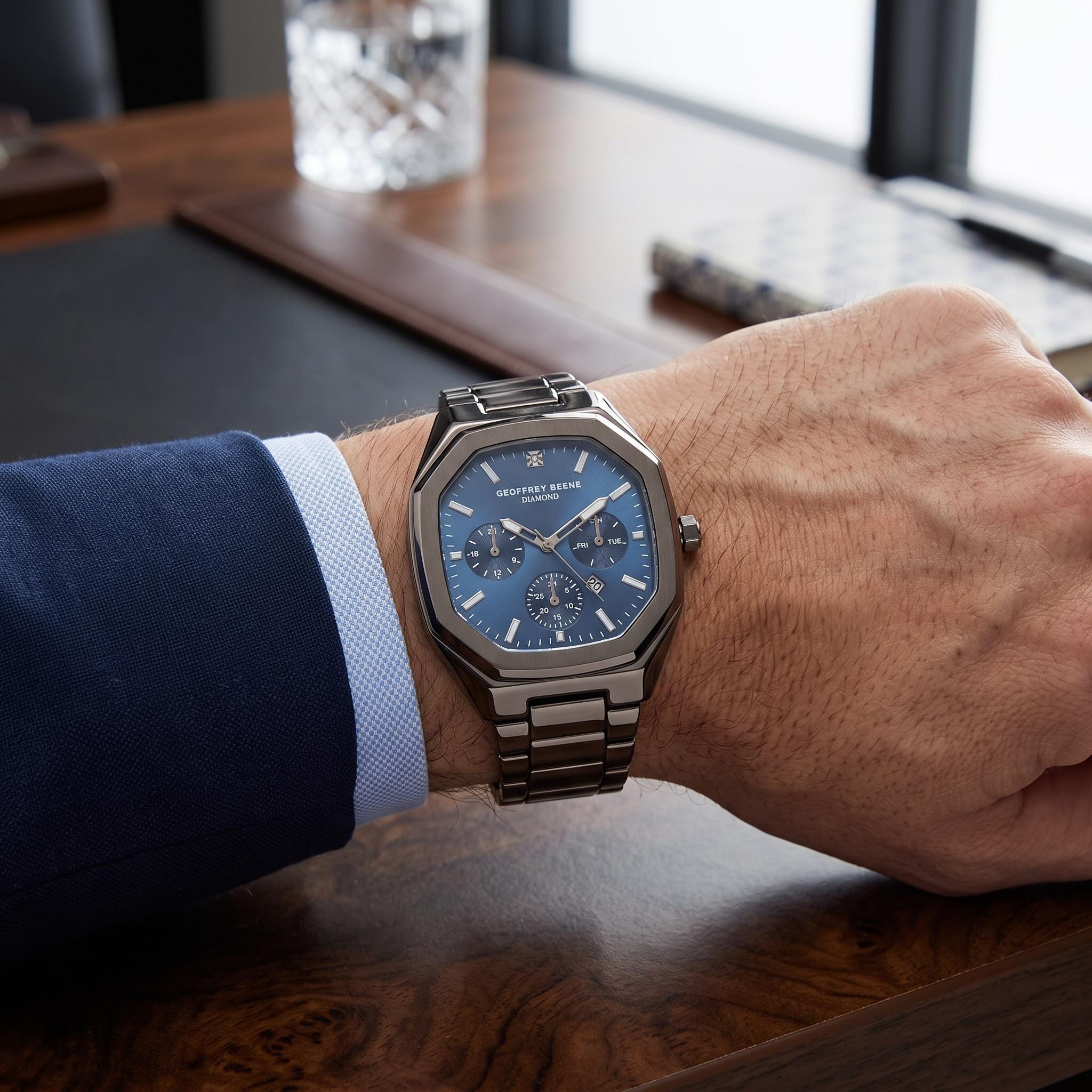 Geoffrey Beene Gunmetal Chronograph Watch, Hexagonal Bezel, Mens Gift