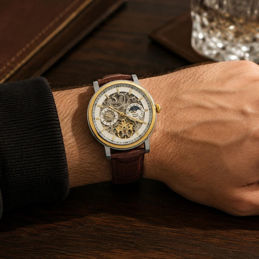 Thomas Tompion Brown Leather Automatic Watch, Skeleton Dial, Mens Gift