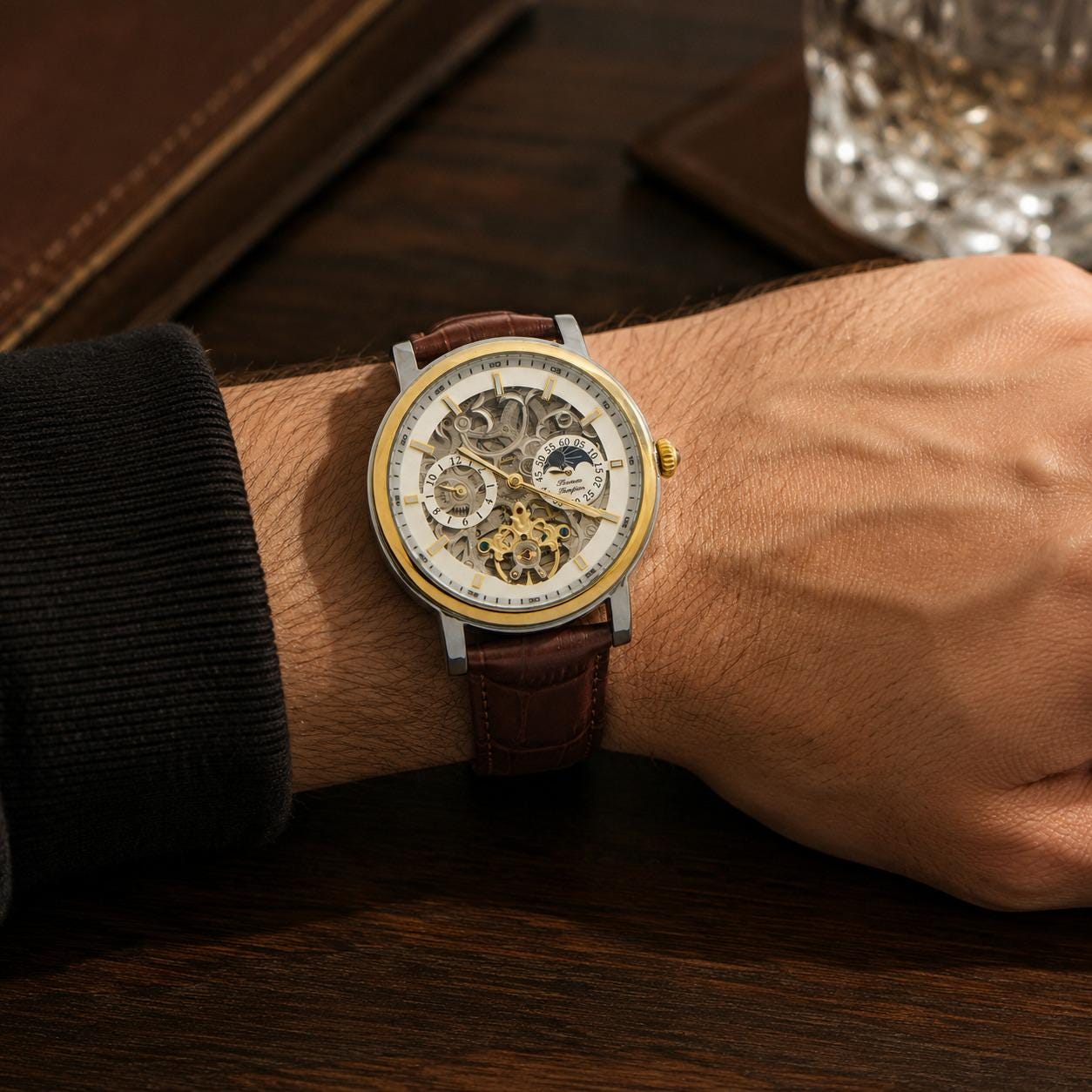 Thomas Tompion Brown Leather Automatic Watch, Skeleton Dial, Mens Gift