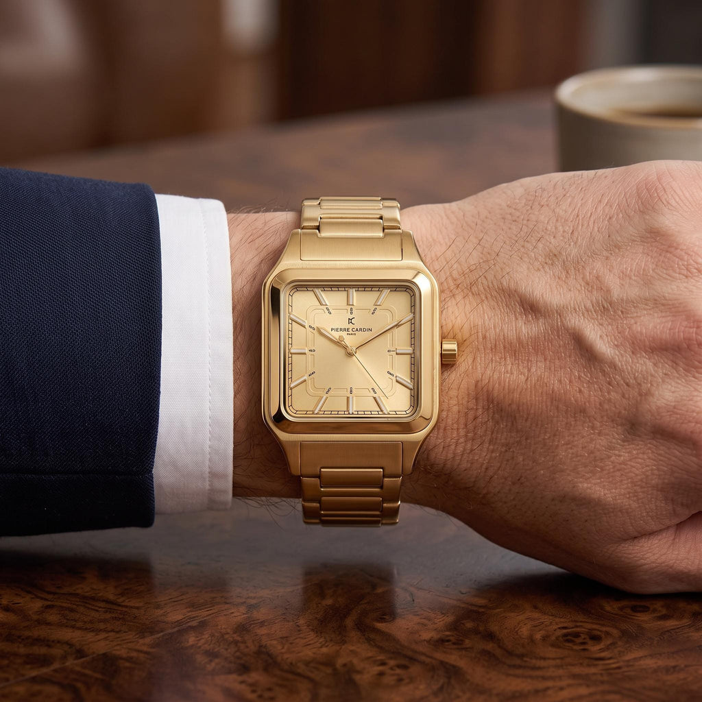 Pierre Cardin Gold Tone Square Watch, Stainless Steel Link Bracelet, Mens Gift