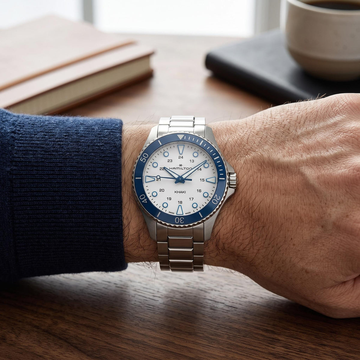 Hamilton Khaki Navy Blue Bezel Stainless Steel Watch, Gift for Him