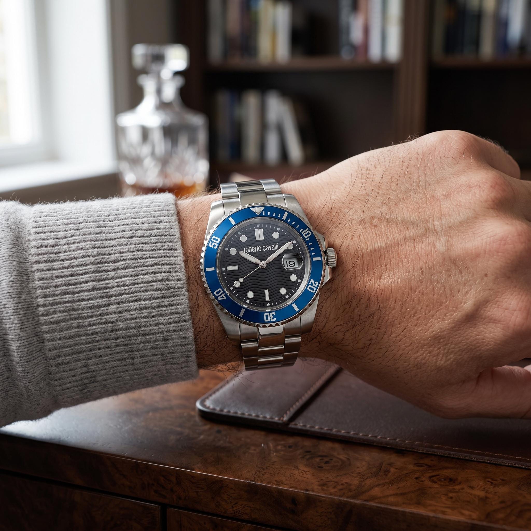 Roberto Cavalli Silver & Blue Watch, Mens Gift, Stainless Steel Diver Watch