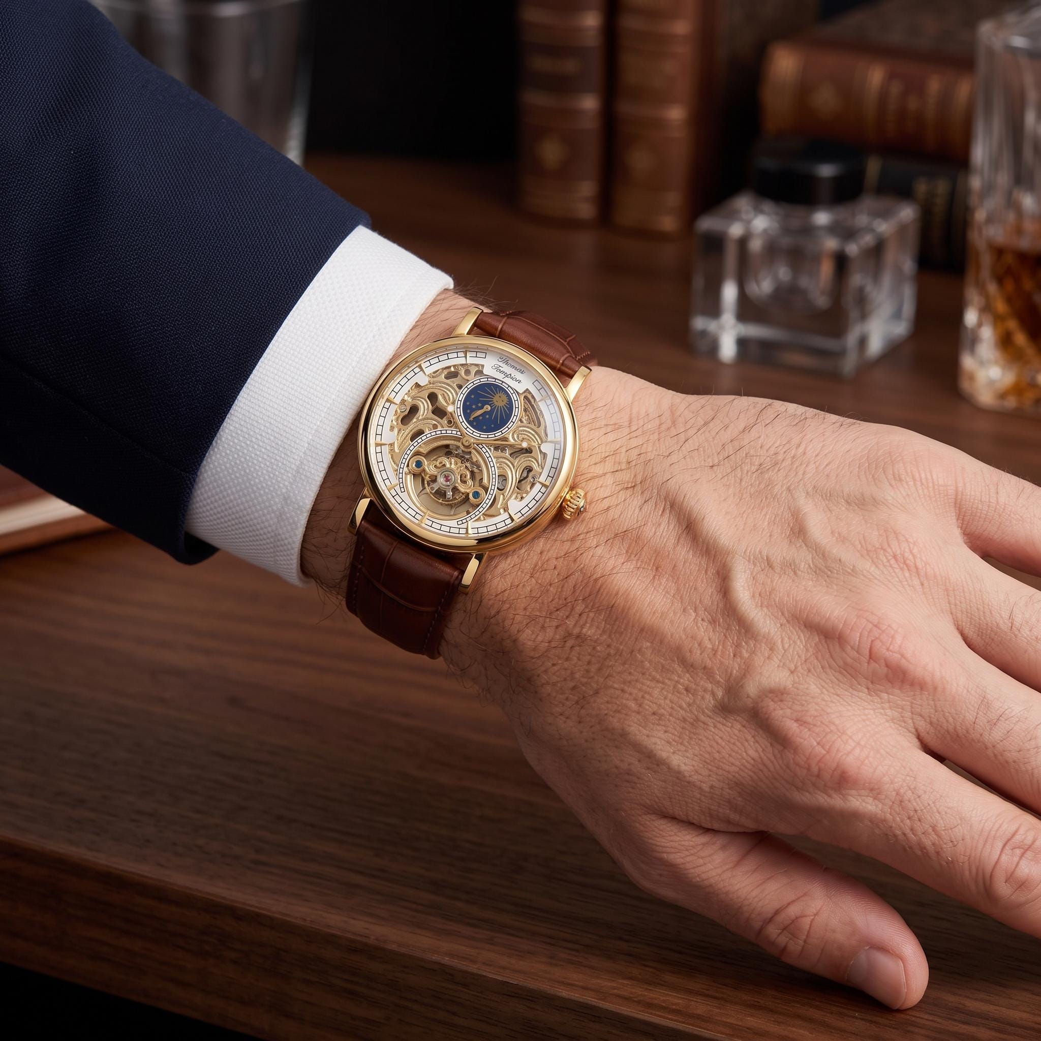 Thomas Tompion Skeleton Watch, Gold Tone Mens Gift, Brown Leather Strap