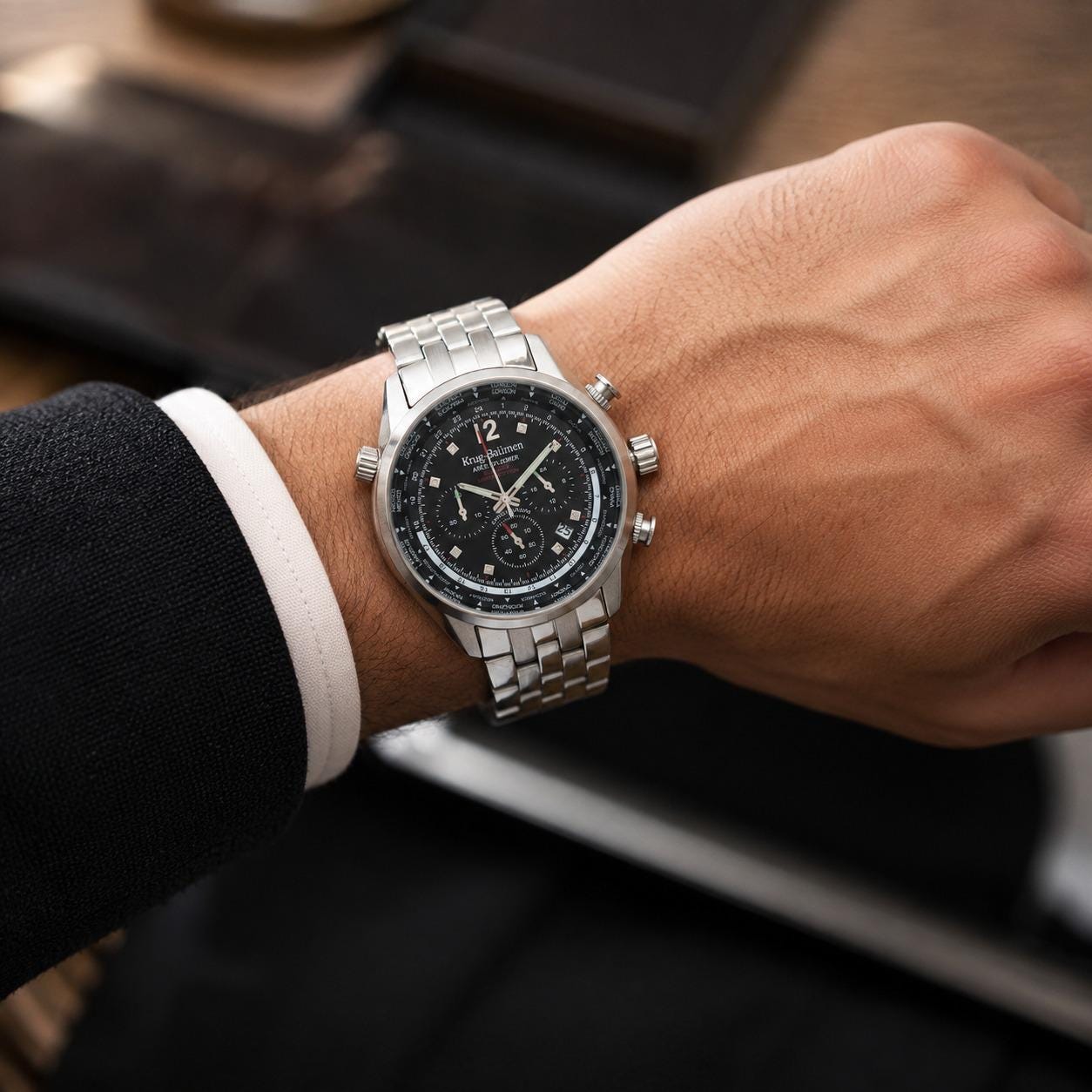 Krug-Baumen Air Explorer Watch, Silver Stainless Steel Chronograph, Mens Gift