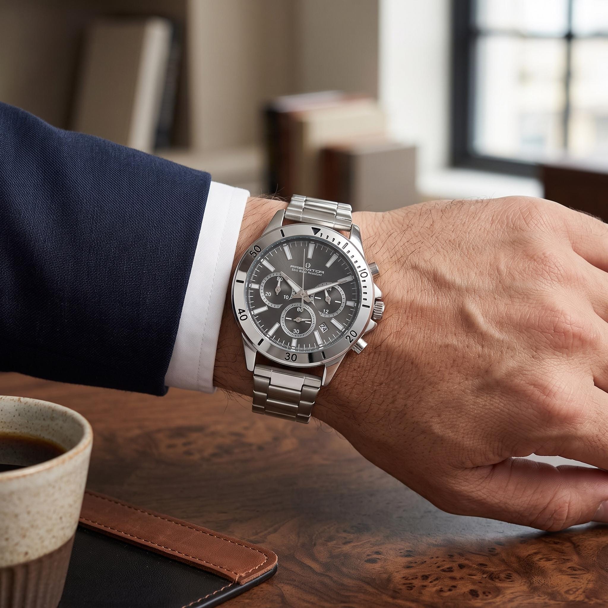 Predator Silver & Gunmetal Chronograph Watch, Mens Sport Watch, Gift for Him