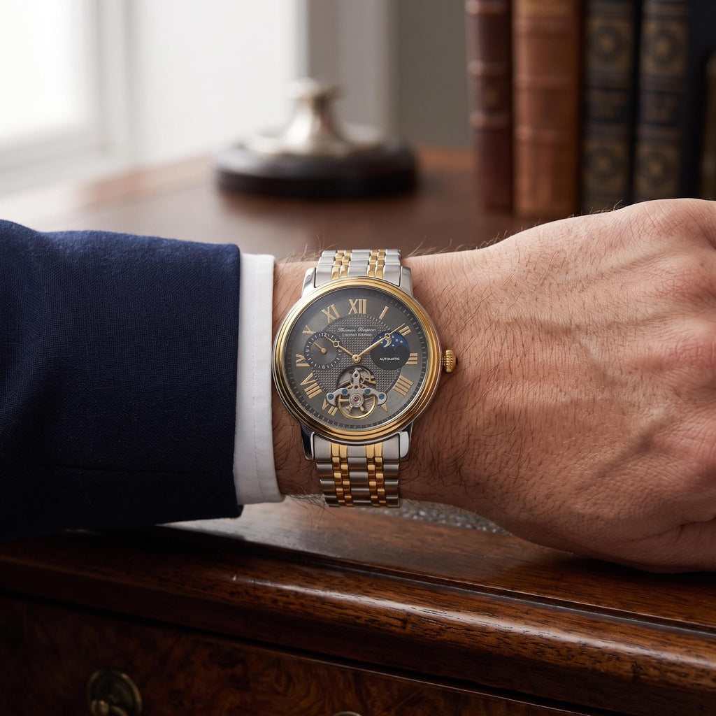 Thomas Tompion Two Tone Watch, Mens Skeleton Moonphase Gift, Stainless Steel
