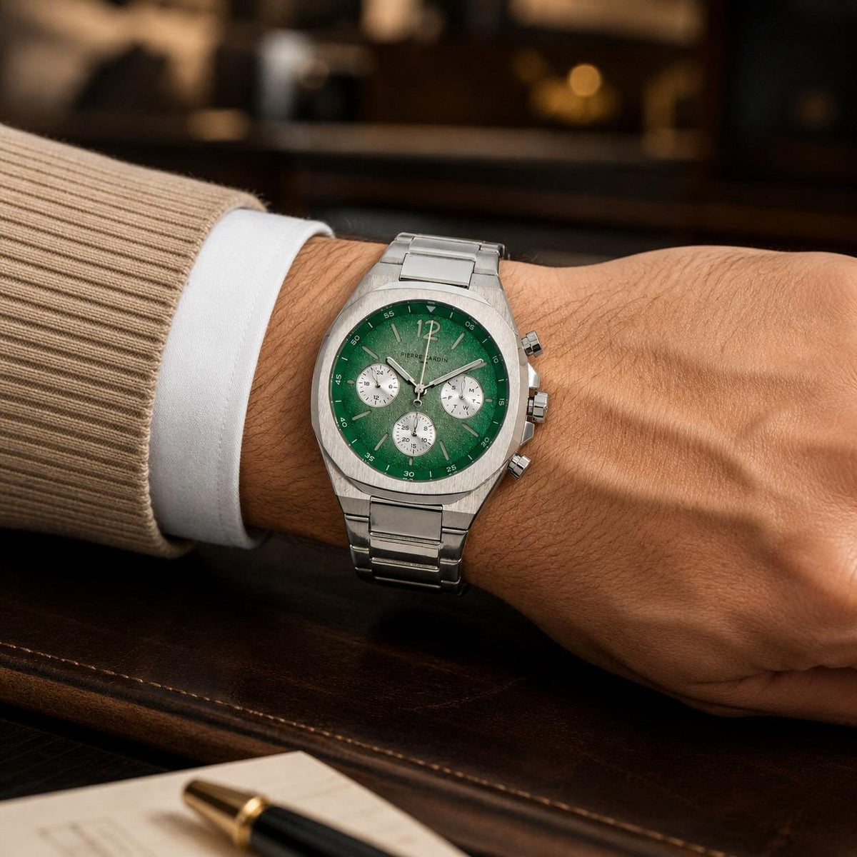 Pierre Cardin Green Dial Chronograph Watch, Stainless Steel Mens Gift