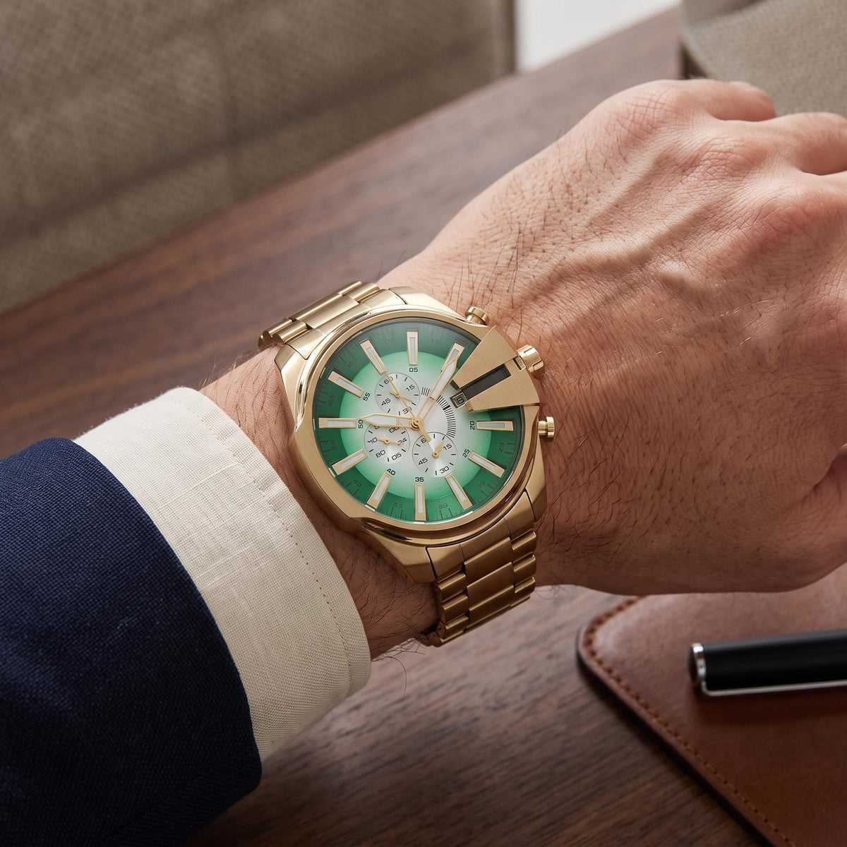 Diesel Gold Tone Mega Chief Chronograph Watch, Green Dial Mens Gift