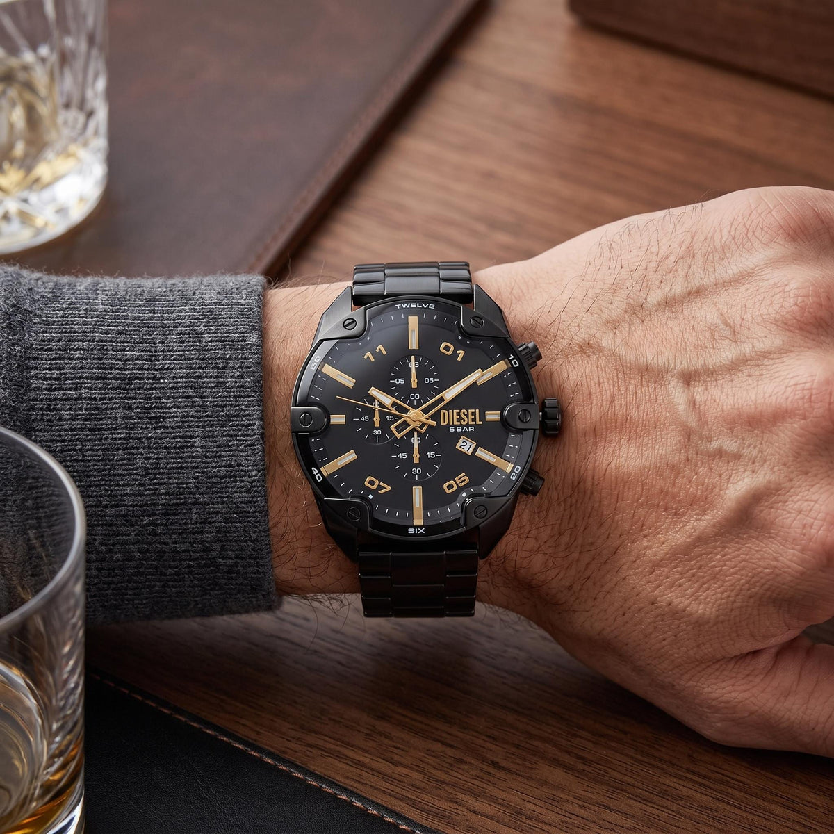 Diesel Black Gold Chronograph Watch, Mens Designer Gift, Metal Link Bracelet