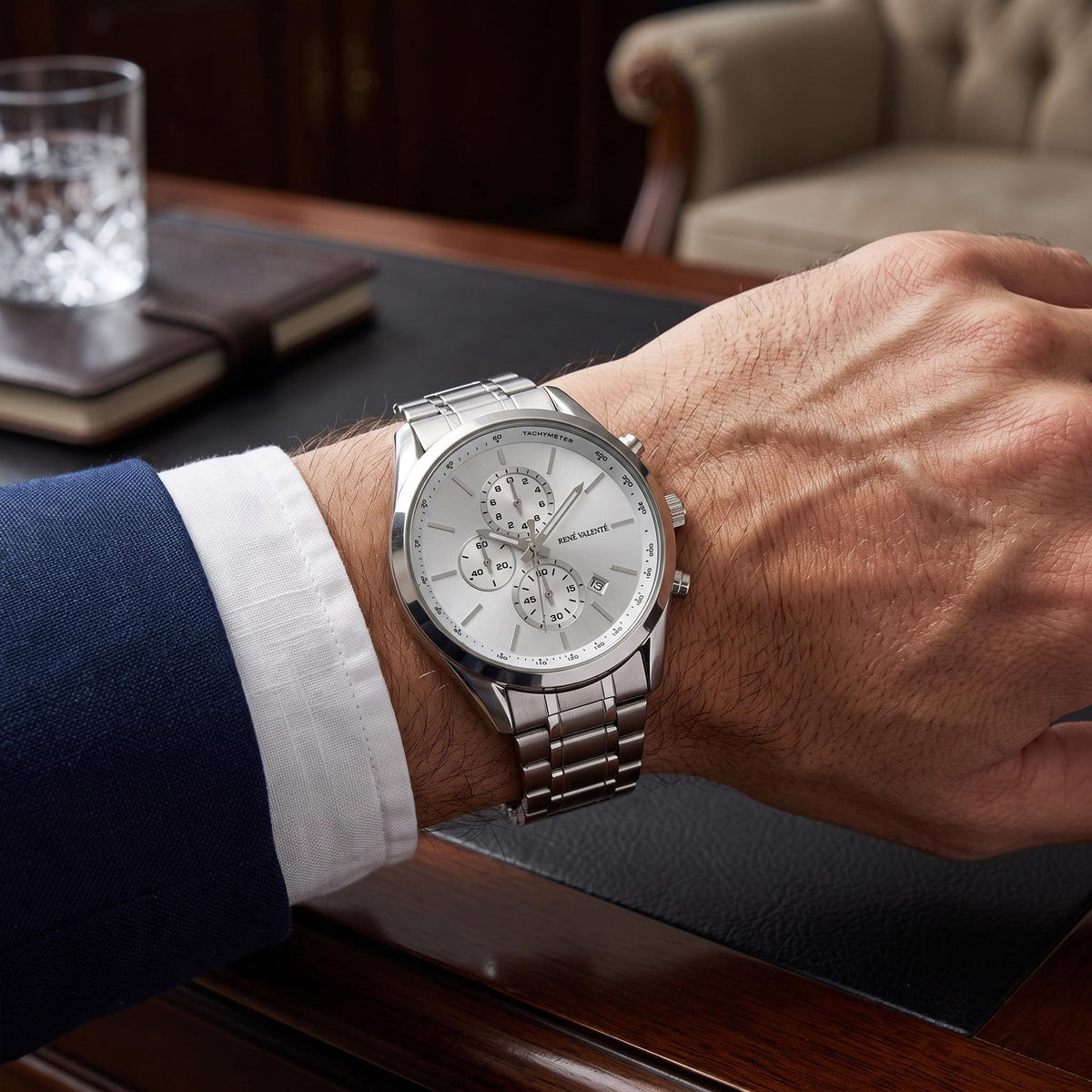 René Valenté Silver Chronograph Watch, Men's Steel Gift, White Dial Watch