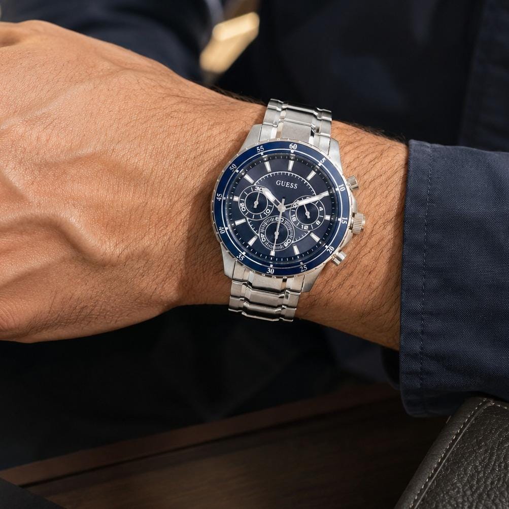Guess Blue & Silver Chronograph Watch, Mens Stainless Steel Gift, Blue Bezel