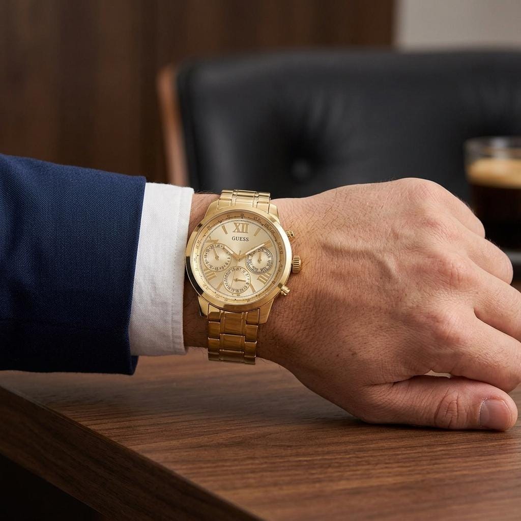 Guess Gold Chronograph Watch, Men's Luxury Gift, Roman Numeral Dial, Steel Band