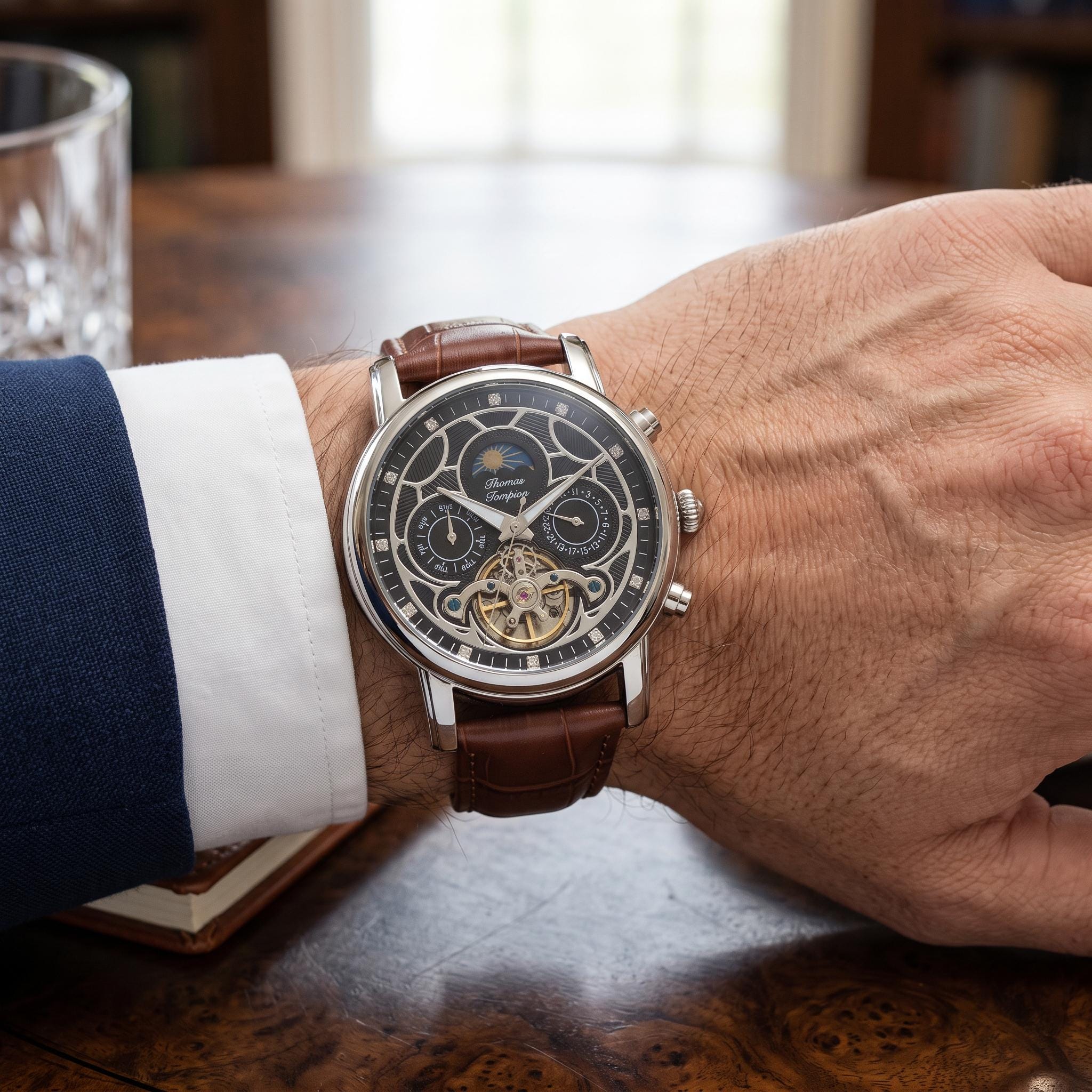 Thomas Tompion Brown Leather Skeleton Watch, Automatic Mens Gift