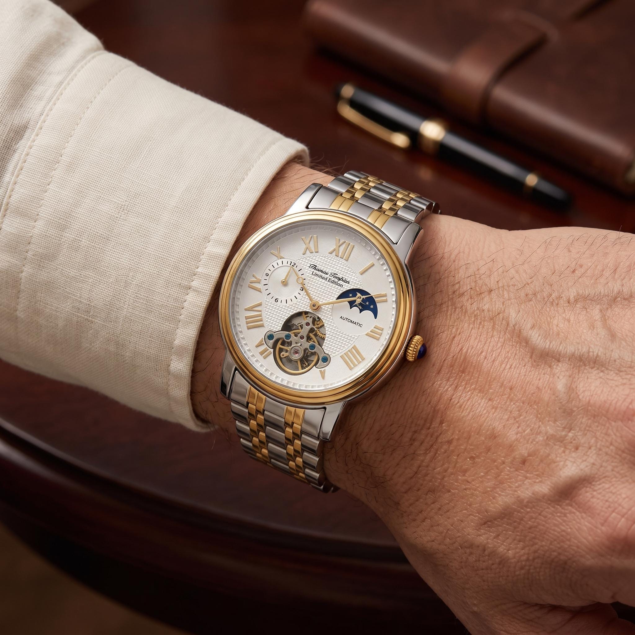 Thomas Tompion Two Tone Automatic Watch, Mens Gold Silver Skeleton Gift