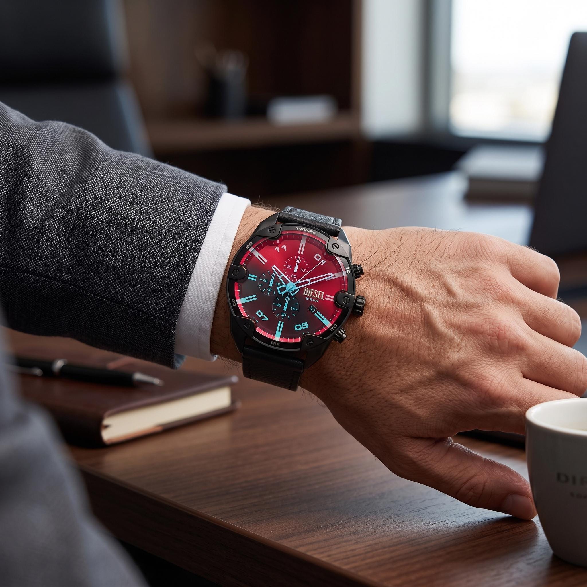 Diesel Black Leather Chronograph Watch, Bold Mens Gift, Black And Red Dial