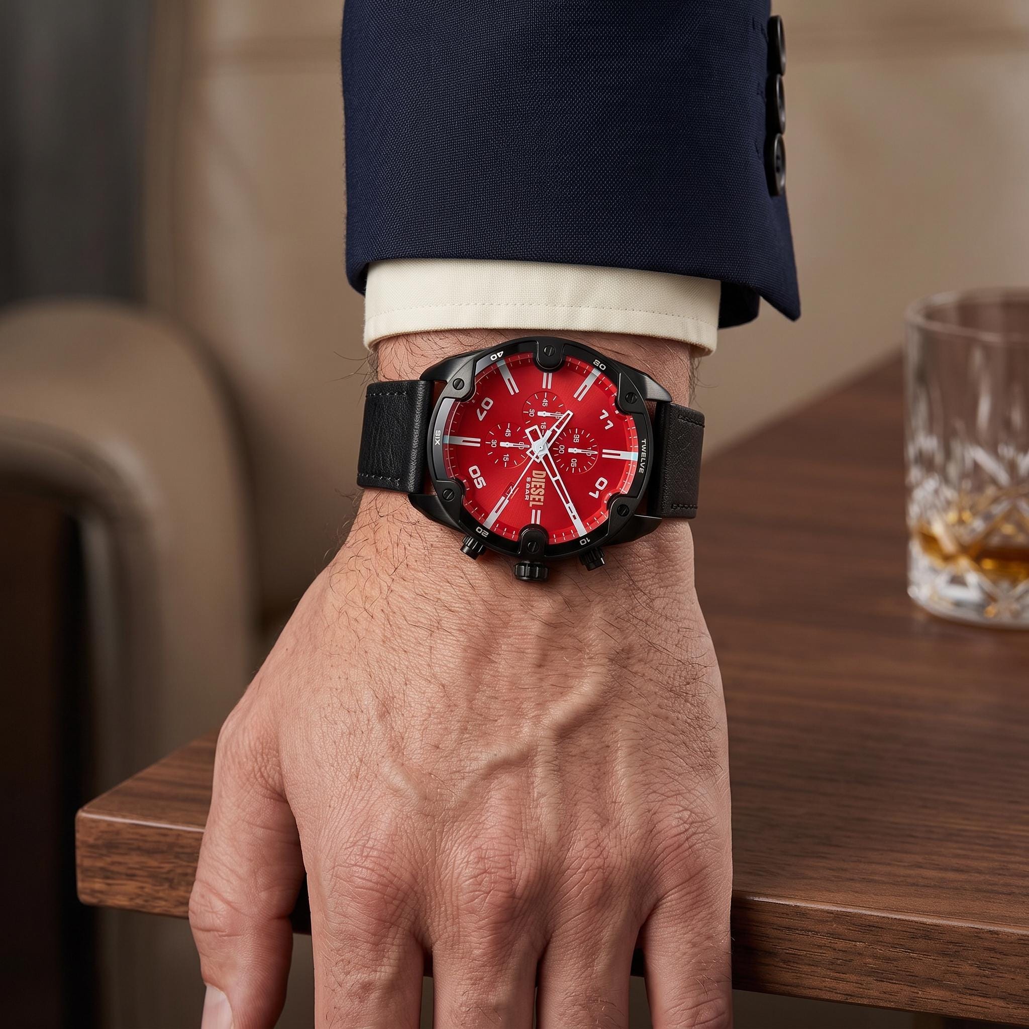 Diesel Black Leather Chronograph Watch,  Mens Gift, Red Dial