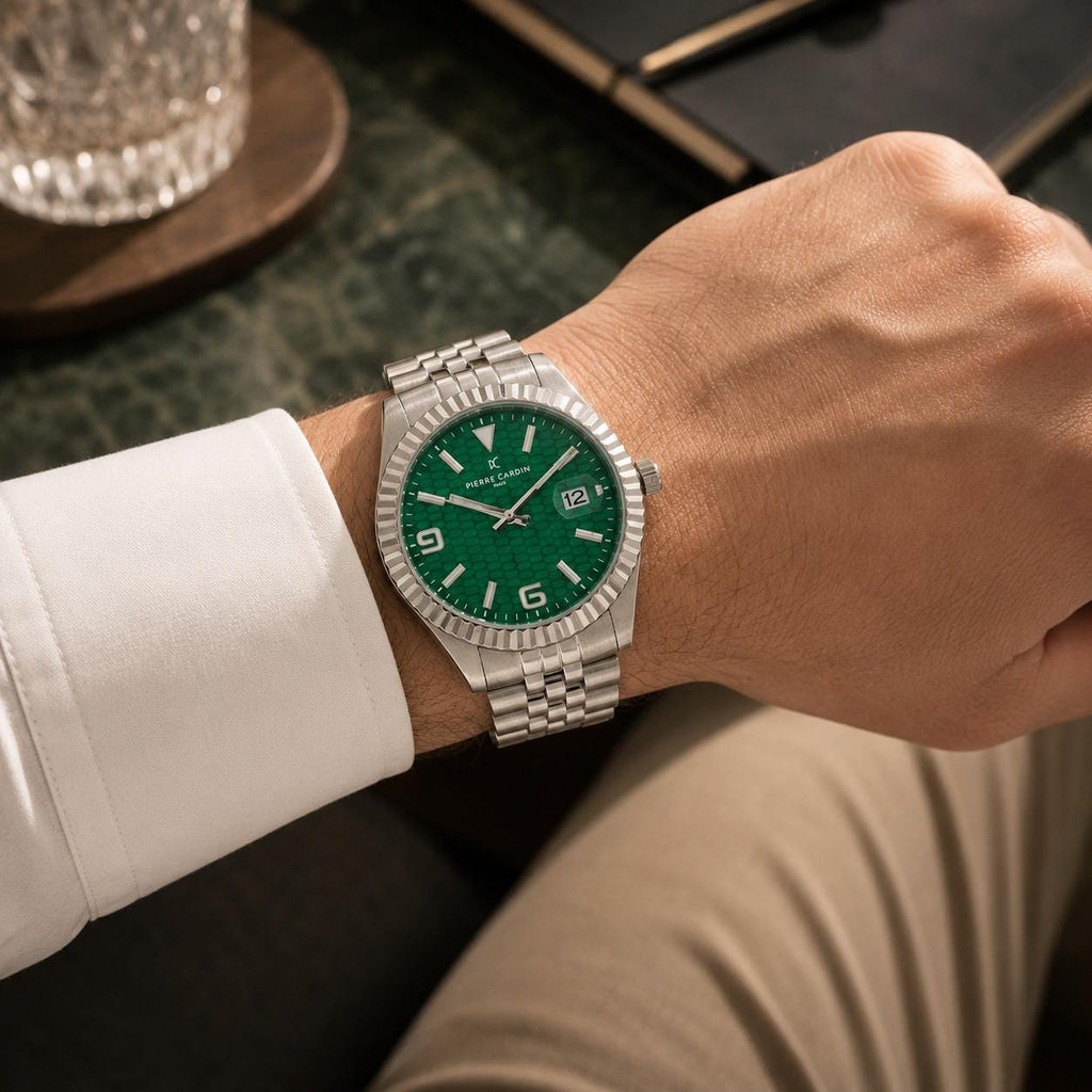 Pierre Cardin Silver Watch, Green Textured Dial, Mens Gift, Stainless Steel