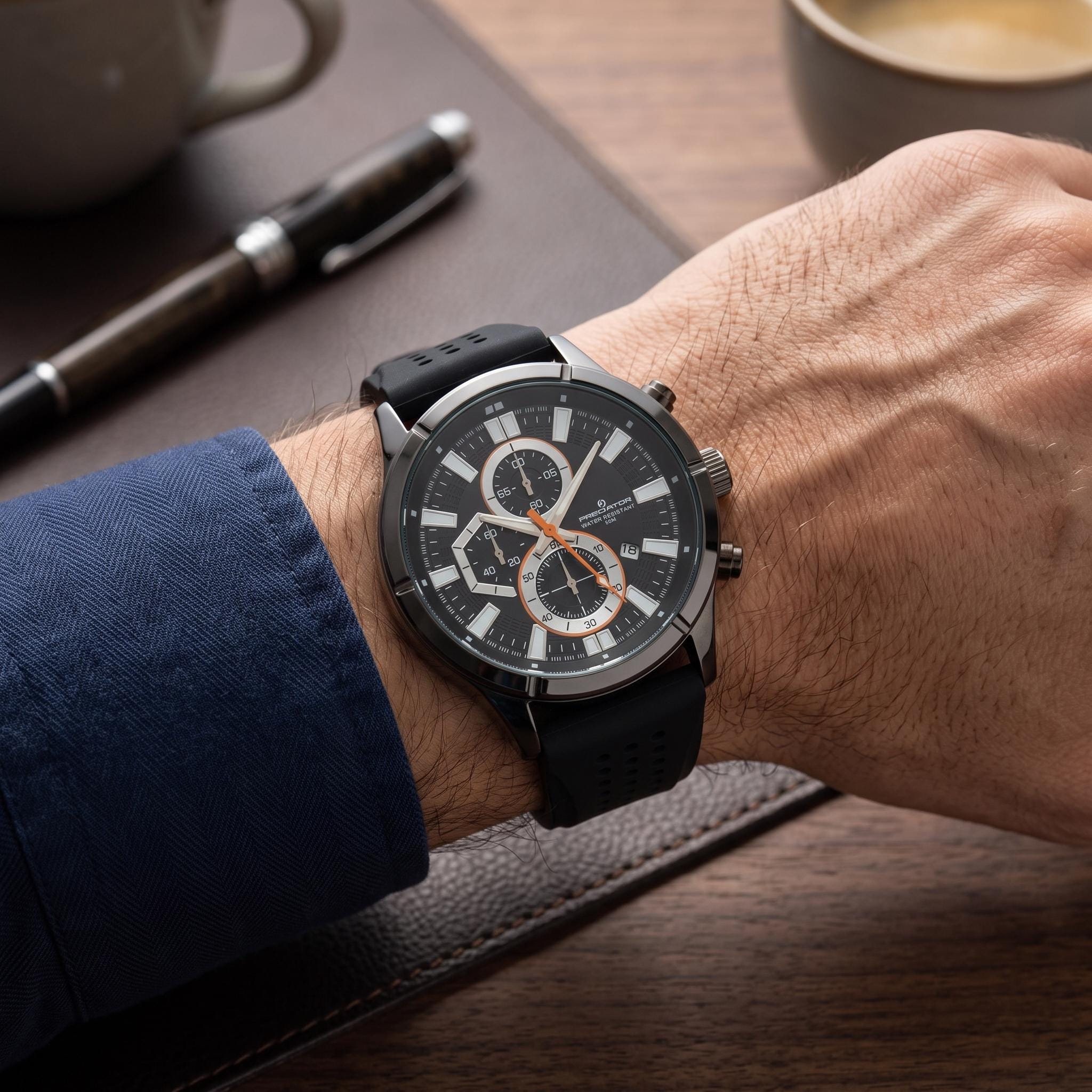 Predator Black Sports Chronograph Watch, Men's Gift, Silicone Strap
