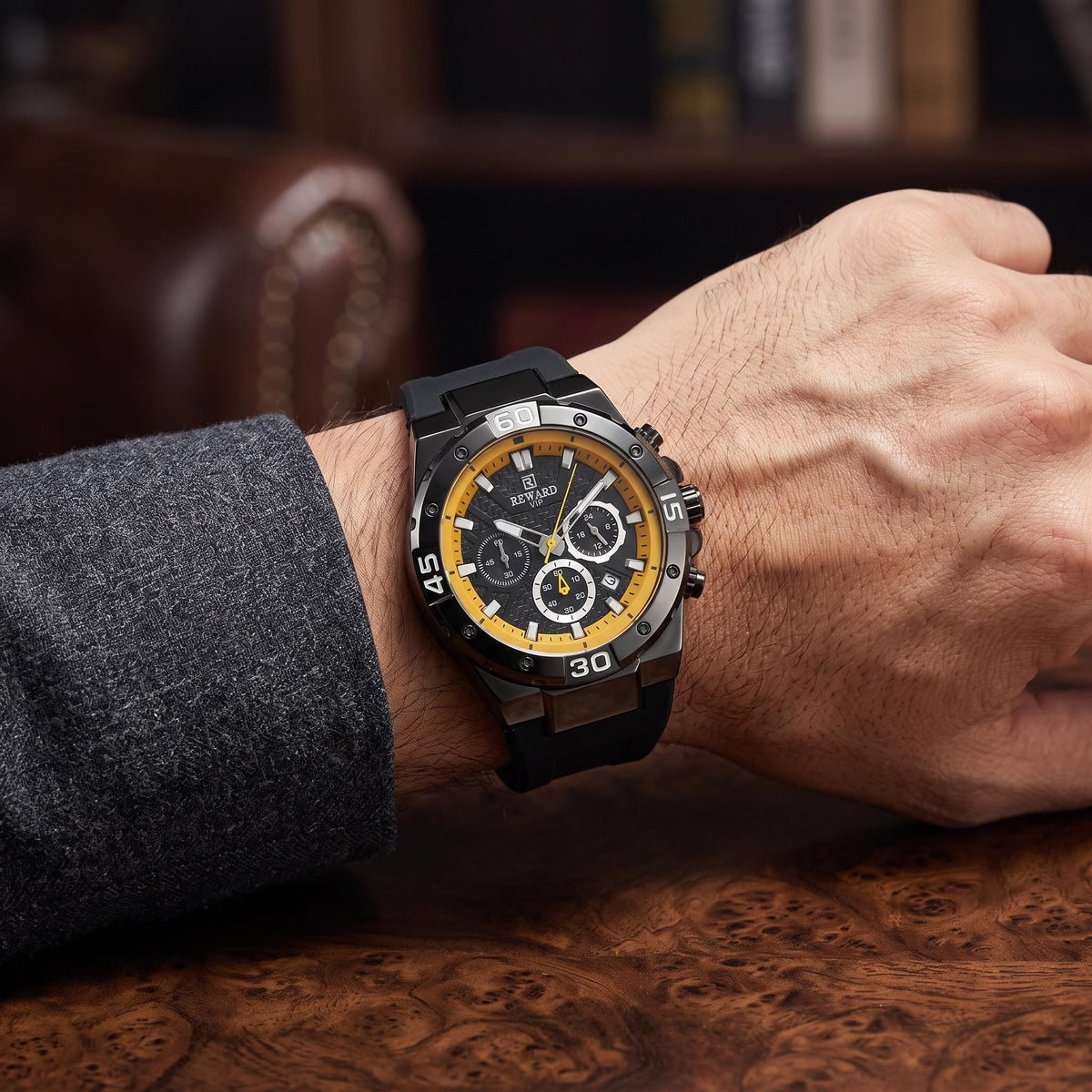 Reward Black Yellow Chronograph Watch, Mens Sport Gift, Silicone Band