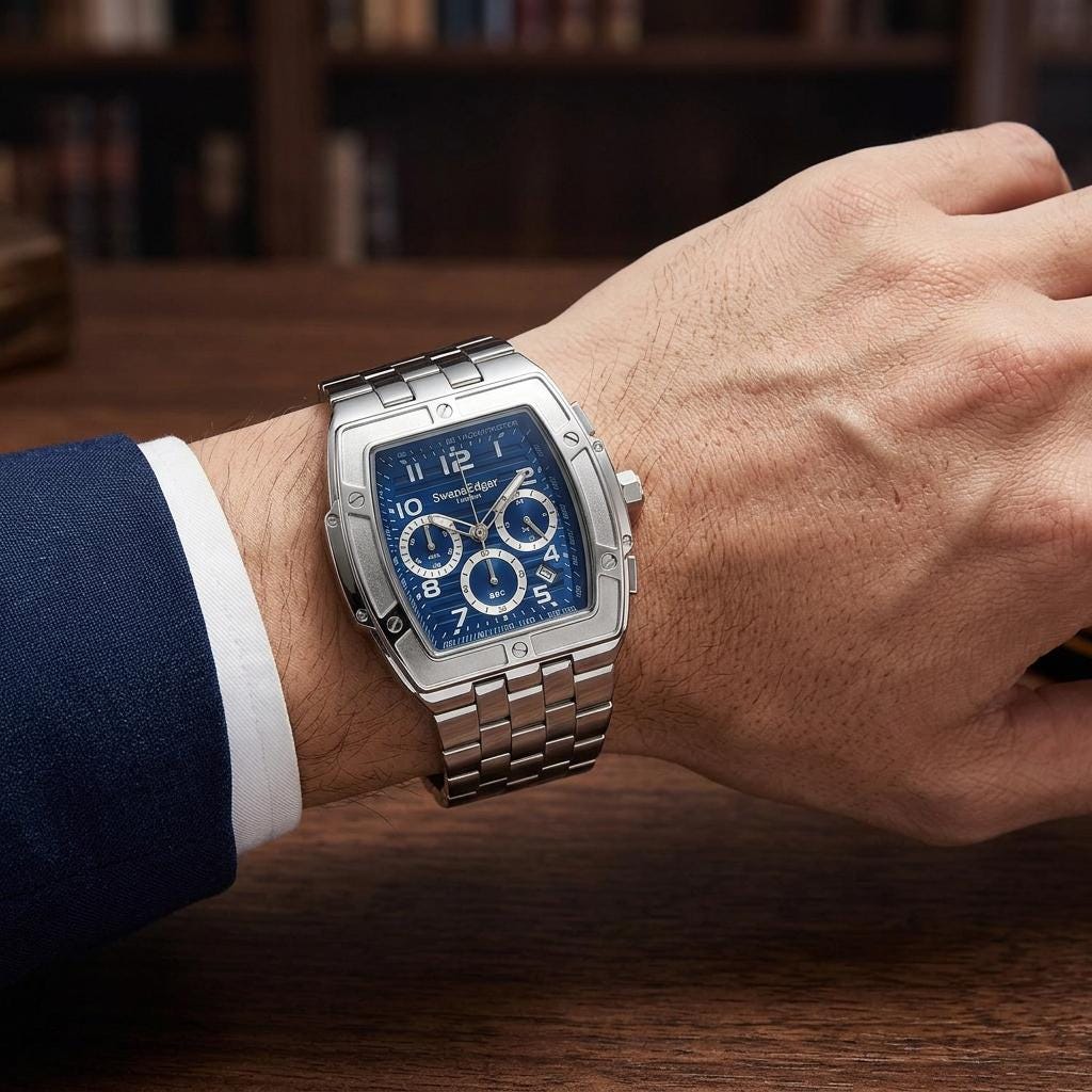 Swan & Edgar Blue Watch, Silver Tone Steel Mens Chronograph Gift