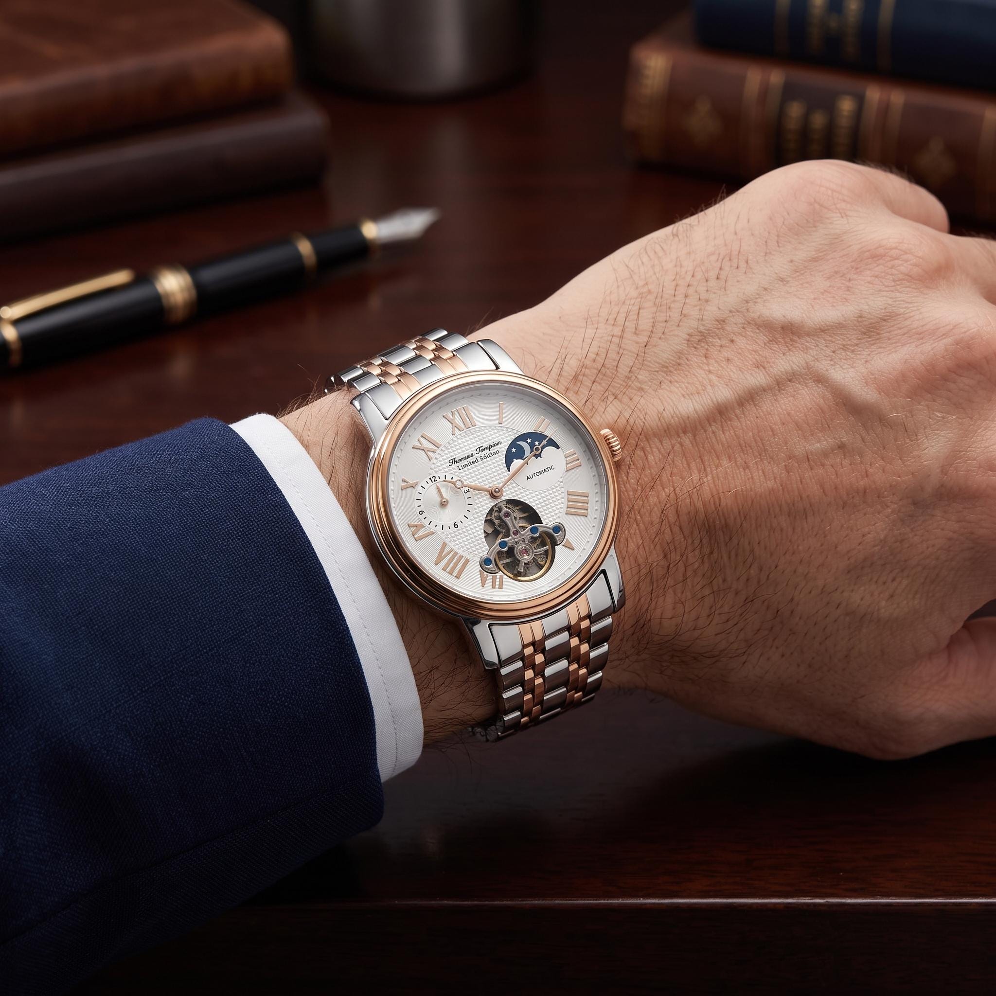Thomas Tompion Automatic Watch, Two-Tone Steel, Open Heart Moonphase Gift