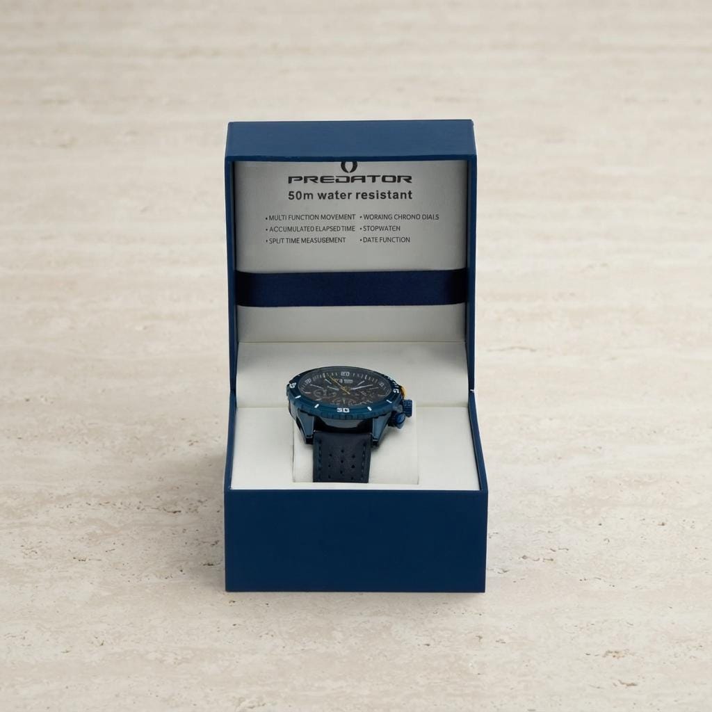 Predator Navy Blue Chronograph Watch, Men's Sports Gift, Perforated Strap