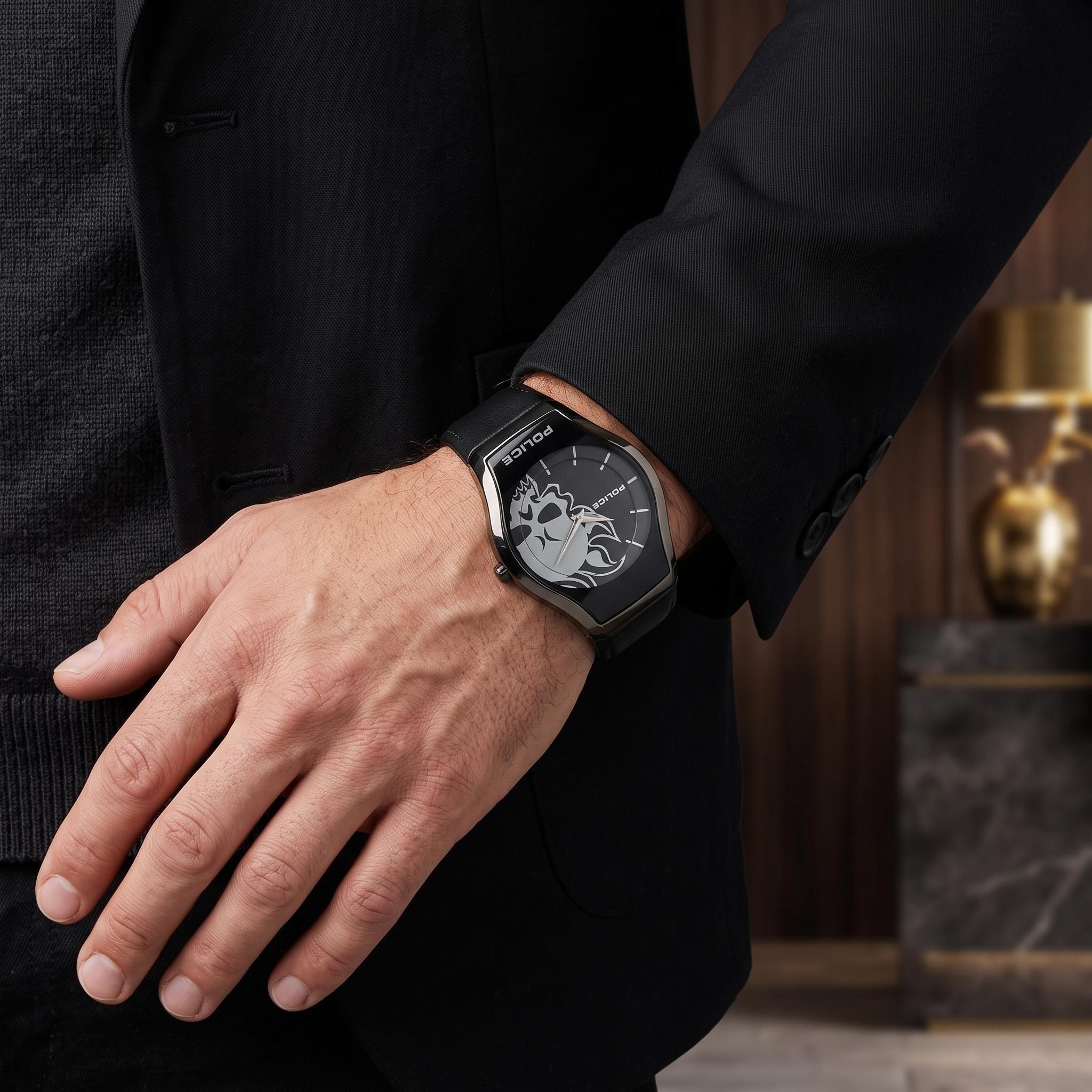 Police Black Leather Watch, Mens Designer Gift, Skull Dial