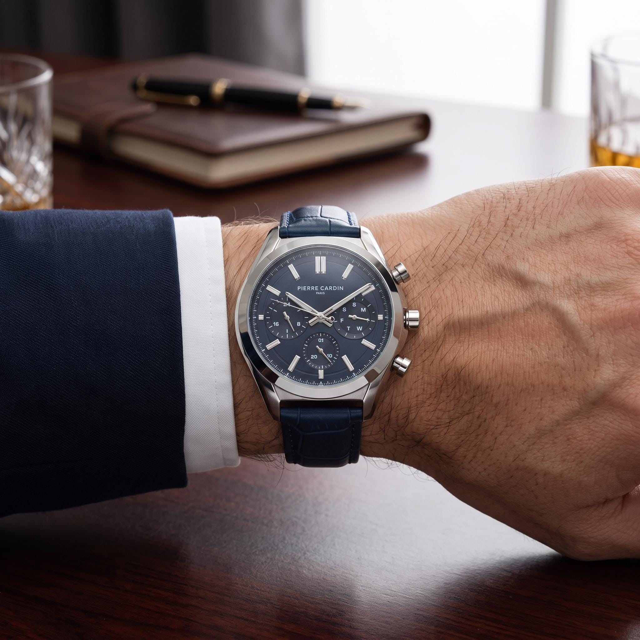 Pierre Cardin Blue Chronograph Watch, Mens Leather Watch, Gift for Him