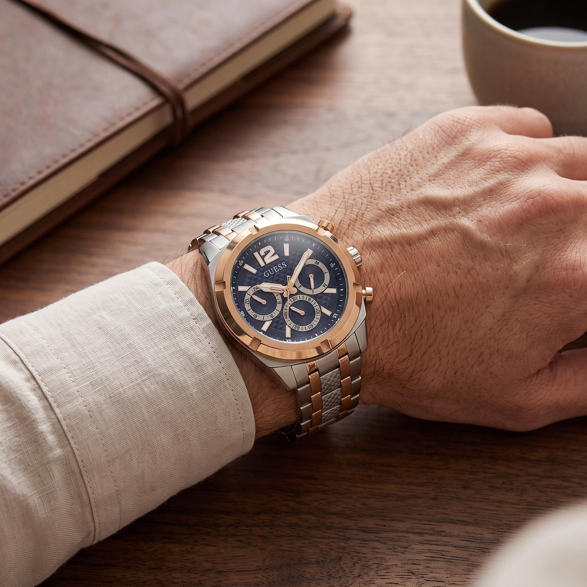 Guess Silver Rose Gold Chronograph Watch, Two Tone Mens Gift, Blue Textured Dial