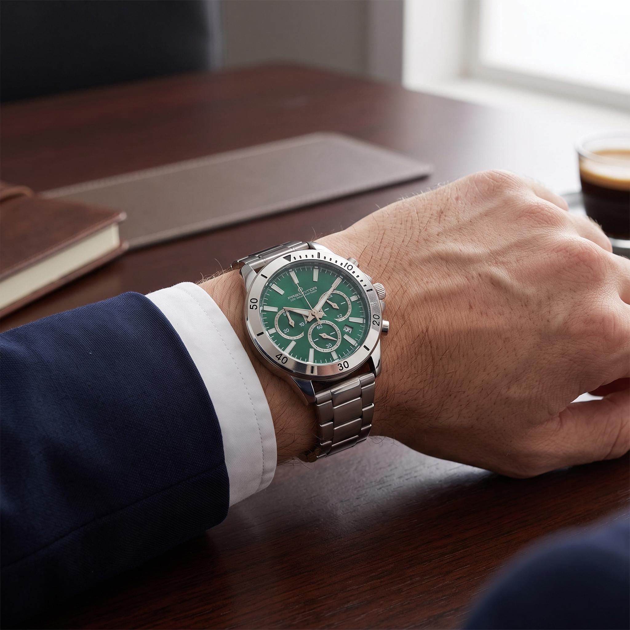 Predator Green Dial Chronograph Watch, Silver Stainless Steel Mens Gift