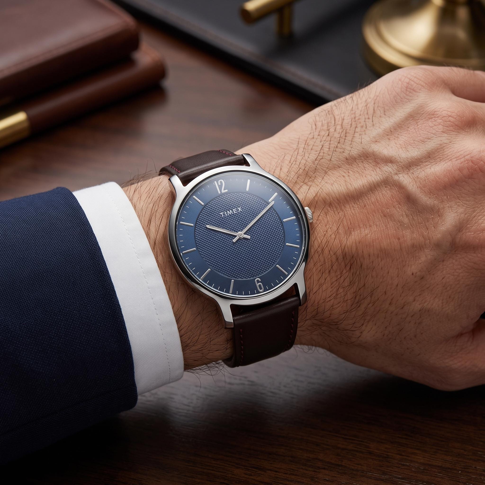 Timex Metropolitan Blue Dial Watch, Brown Leather Strap, Mens Minimalist Gift