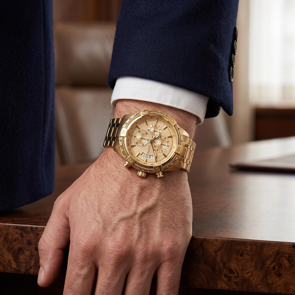 Guess Gold Chronograph Watch, Mens Statement Gift, Stainless Steel Link Bracelet