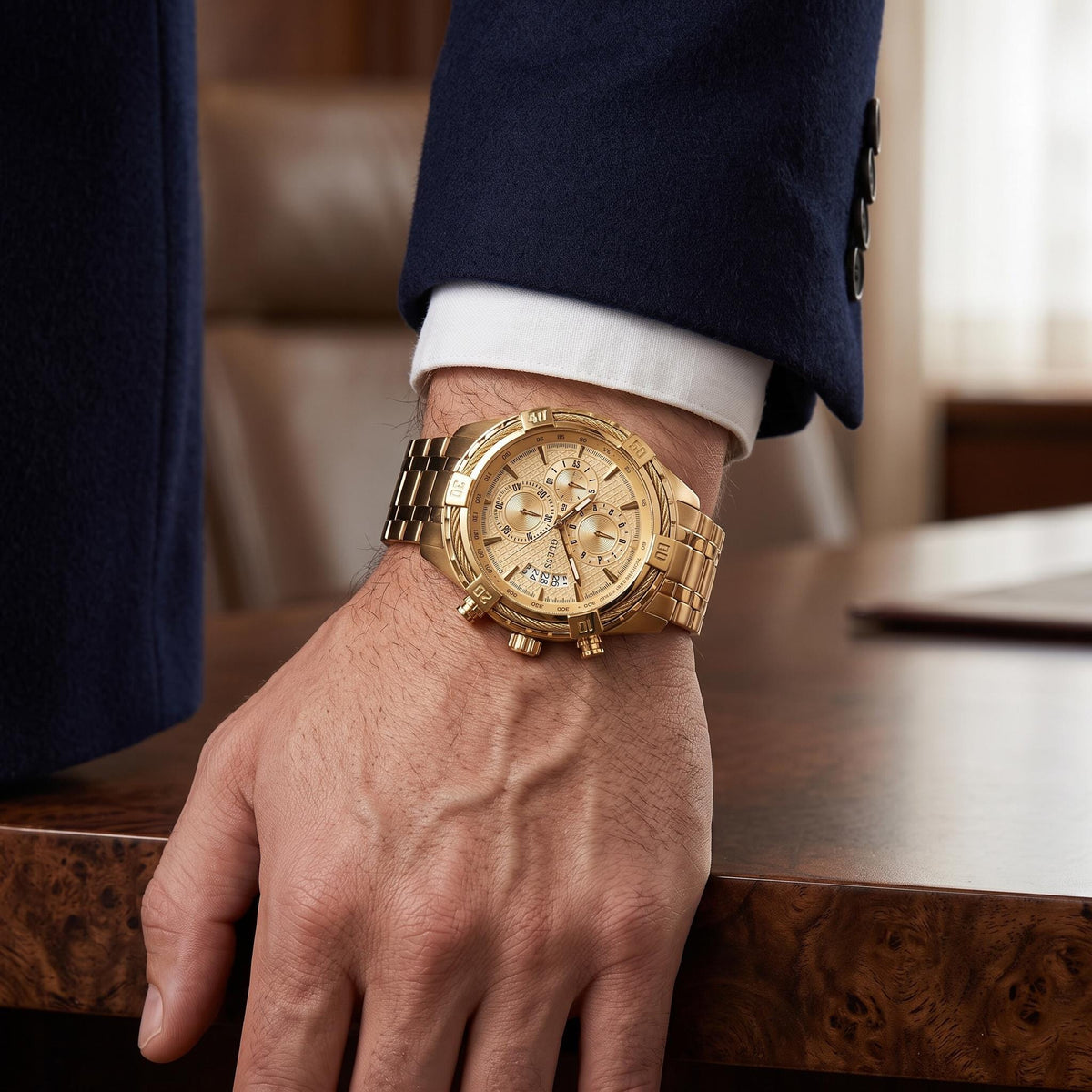 Guess Gold Chronograph Watch, Mens Statement Gift, Stainless Steel Link Bracelet