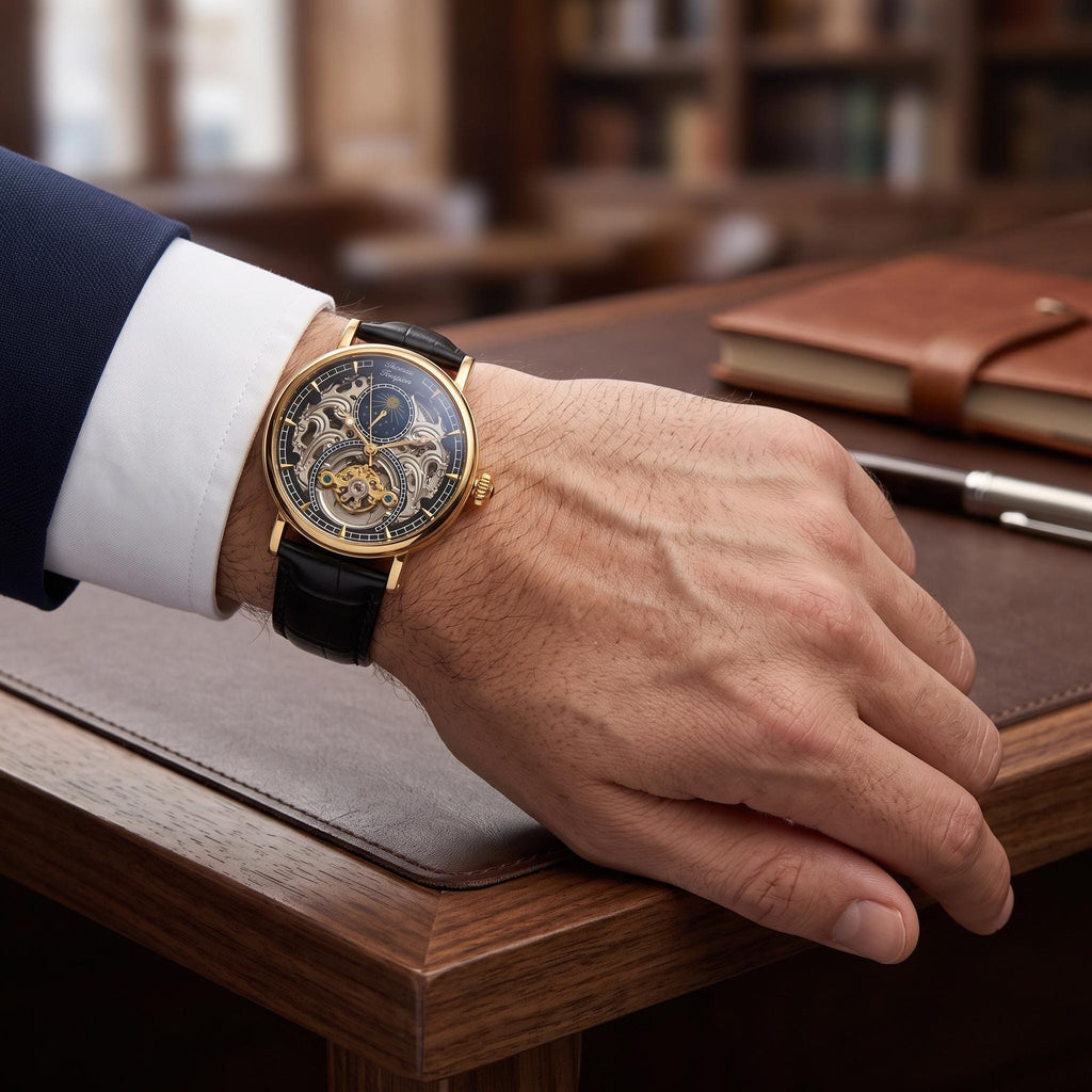 Thomas Tompion Observatory Watch, Black Gold Skeleton Dial, Mens Gift