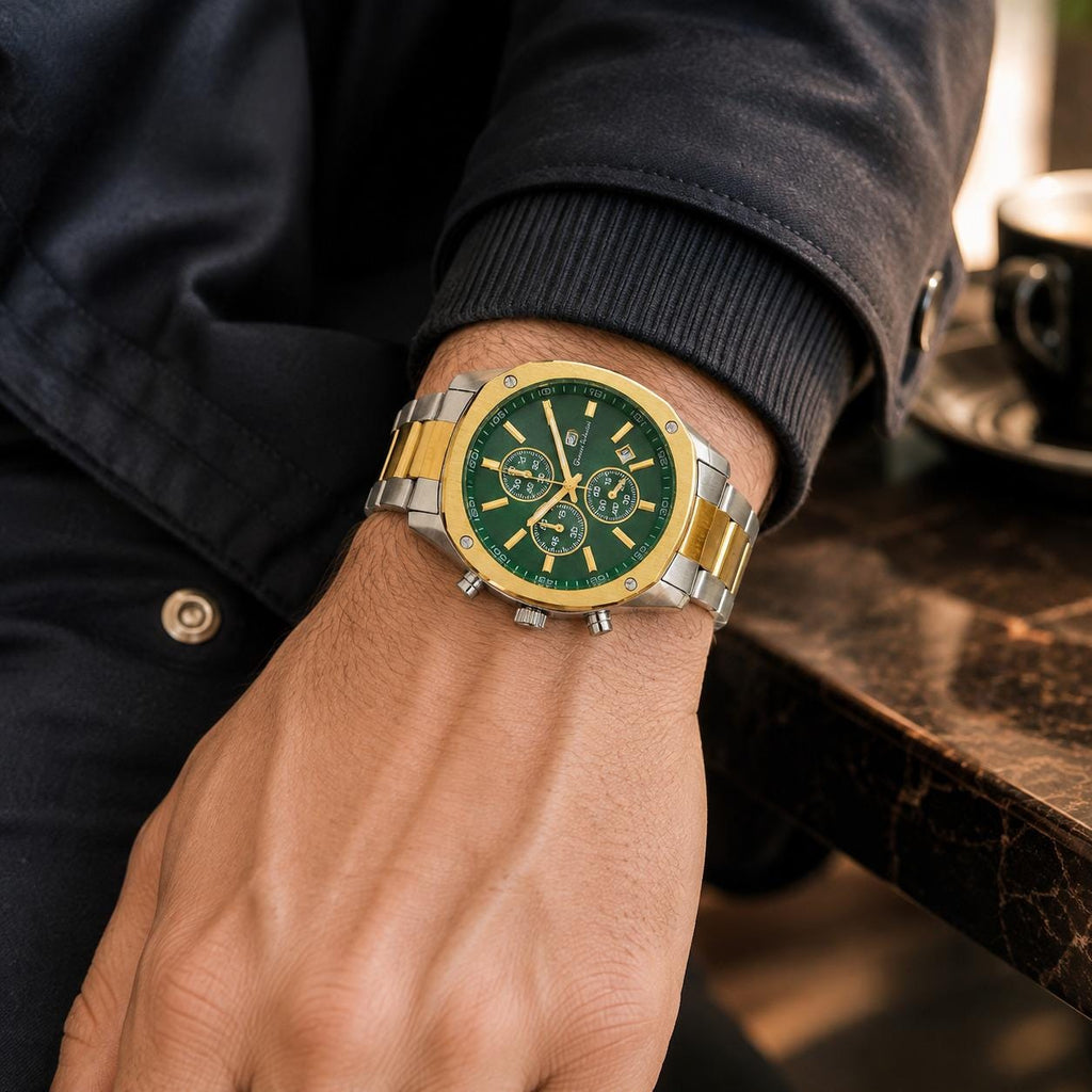 Gianni Sabatini Green Chronograph Watch, Two Tone Stainless Steel, Mens Gift